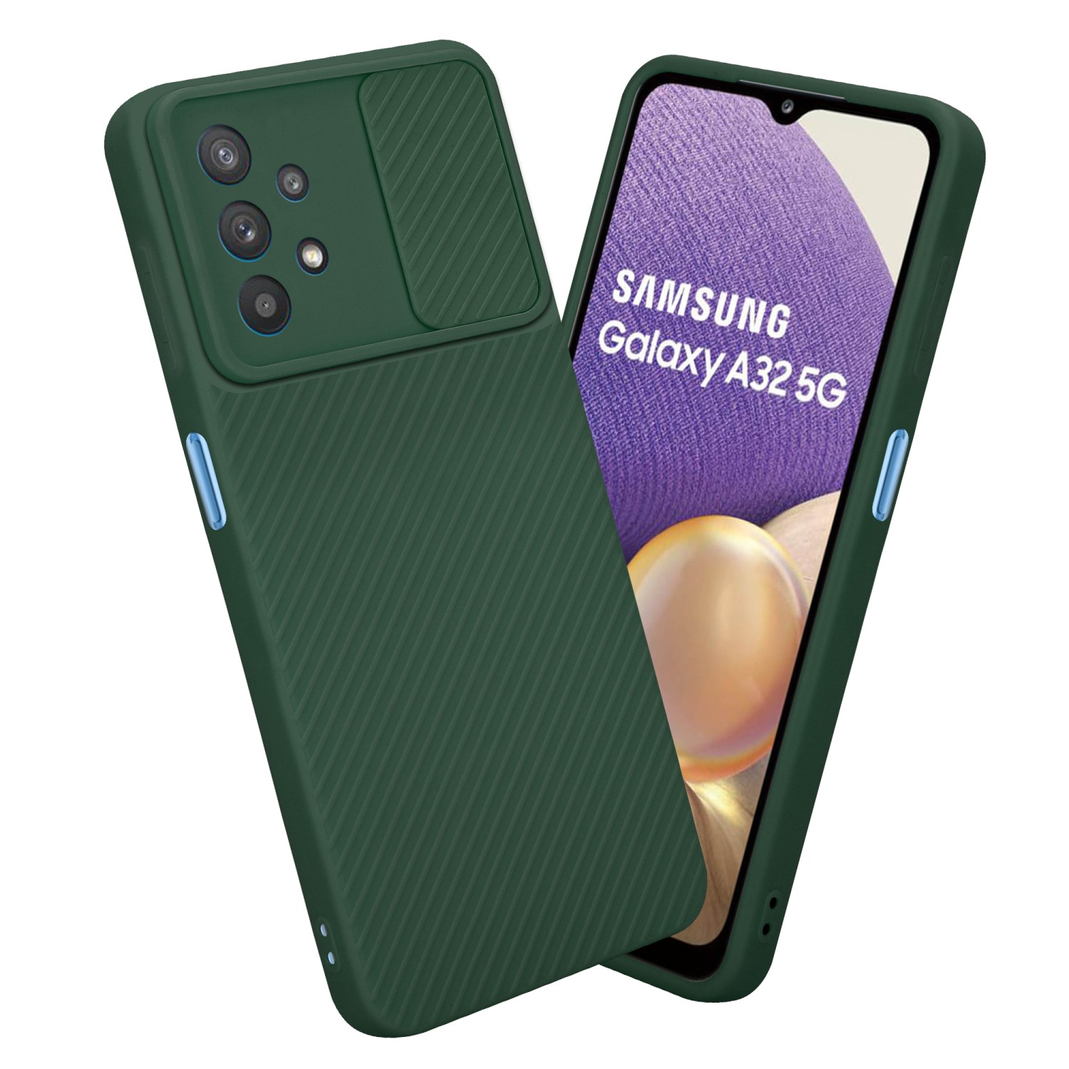 Grüne Handyhülle mit Kameraschieber. Telefonbildschirm mit Samsung Galaxy A32 5G Logo sichtbar.