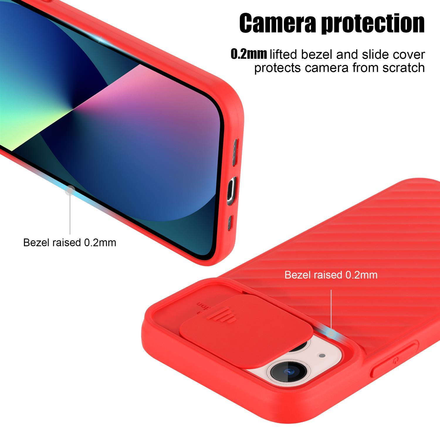 Funda roja para teléfono con protección de cámara; diagramas.