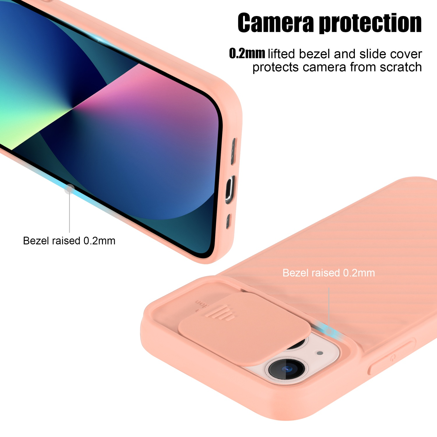Primer plano de una funda de teléfono melocotón con protección de cámara, bisel elevado y tapa deslizante.