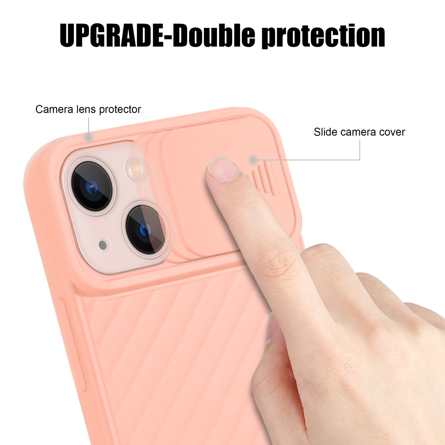 Funda de teléfono rosa. El dedo desliza una tapa de la cámara. El texto dice 'UPGRADE-Doble protección'.