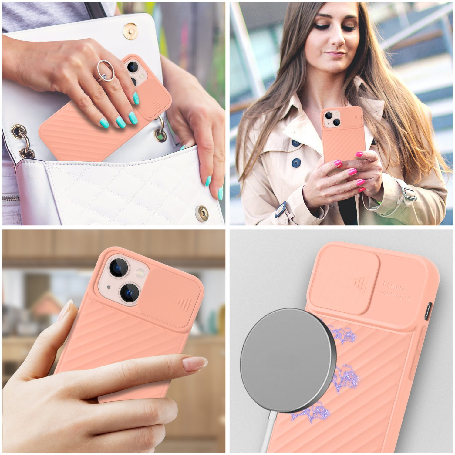 Cuatro imágenes de una funda coral, con una mujer sosteniéndola.