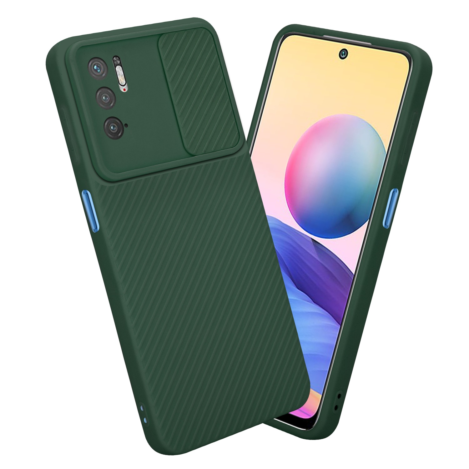 Eine grüne Handyhülle mit Kameraabdeckung. Das Telefon hat einen bunten Bildschirm.
