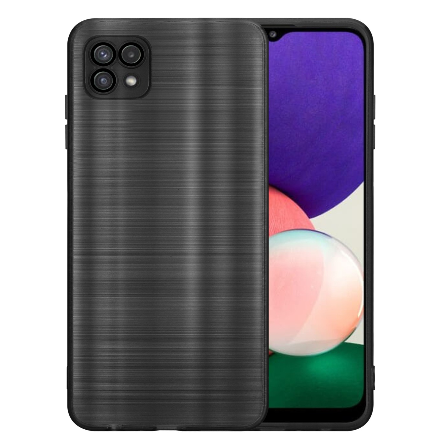 Schwarze Handyhülle auf einem Telefon mit farbenfrohem Bildschirm. Die Handyhülle hat ein strukturiertes Design.