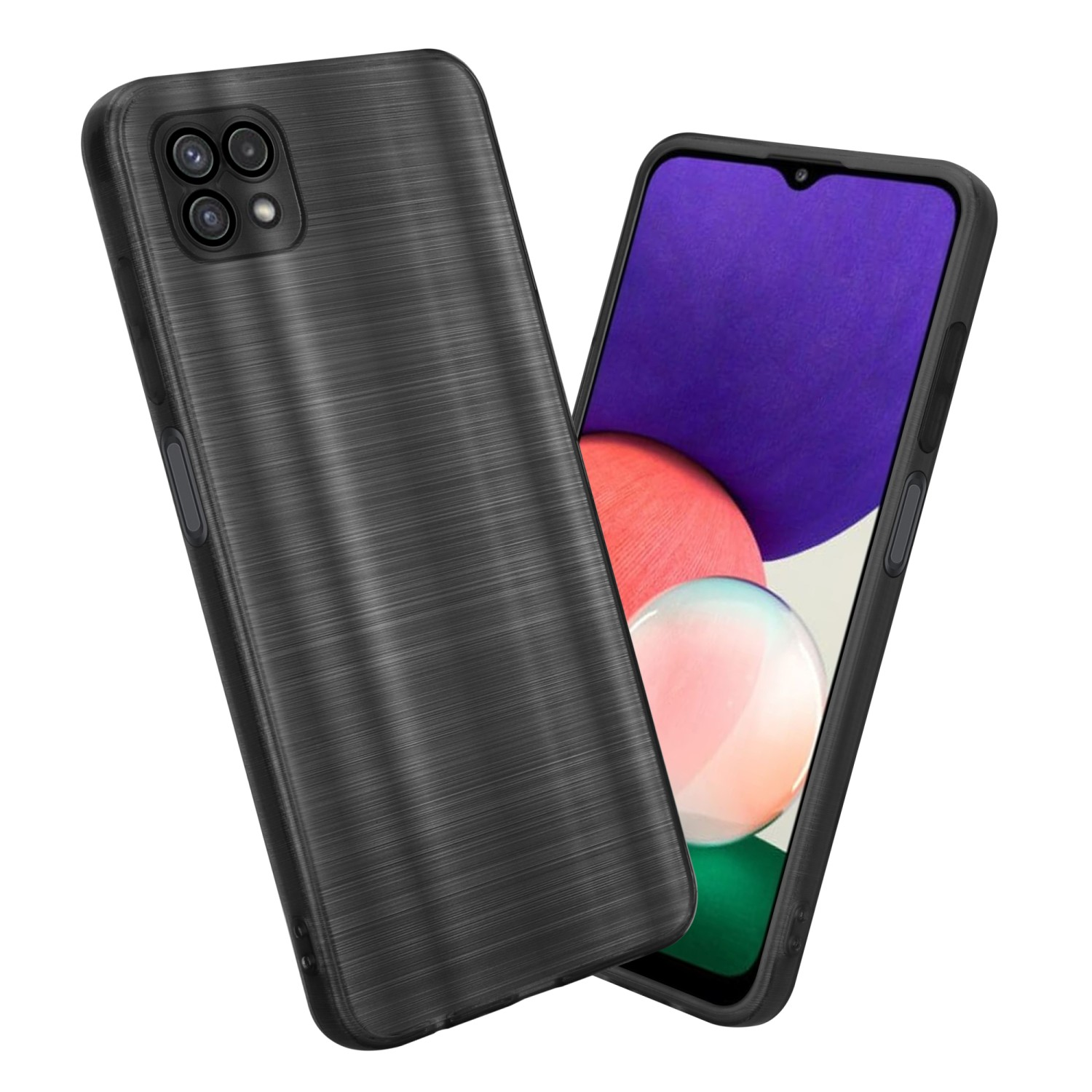 Zwei schwarze Handyhüllen mit gebürsteter Metallstruktur. Eine Hülle ist auf einem Telefon, die andere dahinter.