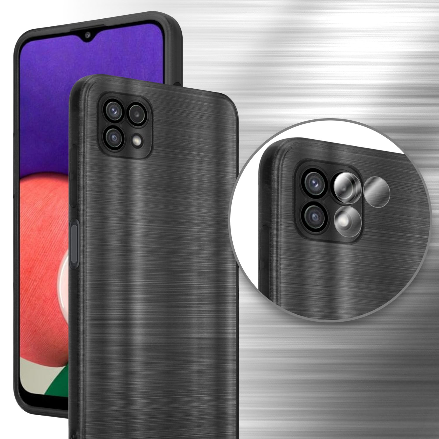 Zwei schwarze Handyhüllen mit Telefonen. Eine hat ein kreisförmiges Detail. Der Hintergrund ist metallisch.
