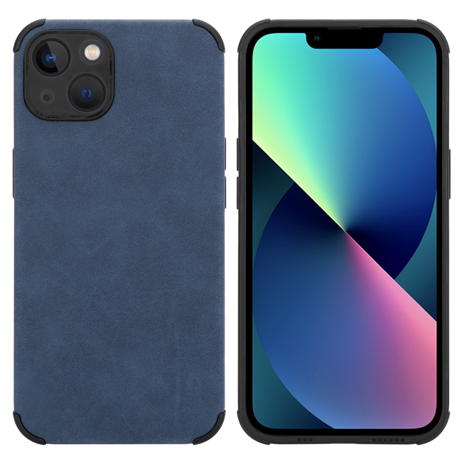 Blaue Handyhülle mit Telefon. Das Telefon zeigt ein buntes, abstraktes Design. Die Hülle hat Wildleder-Textur.