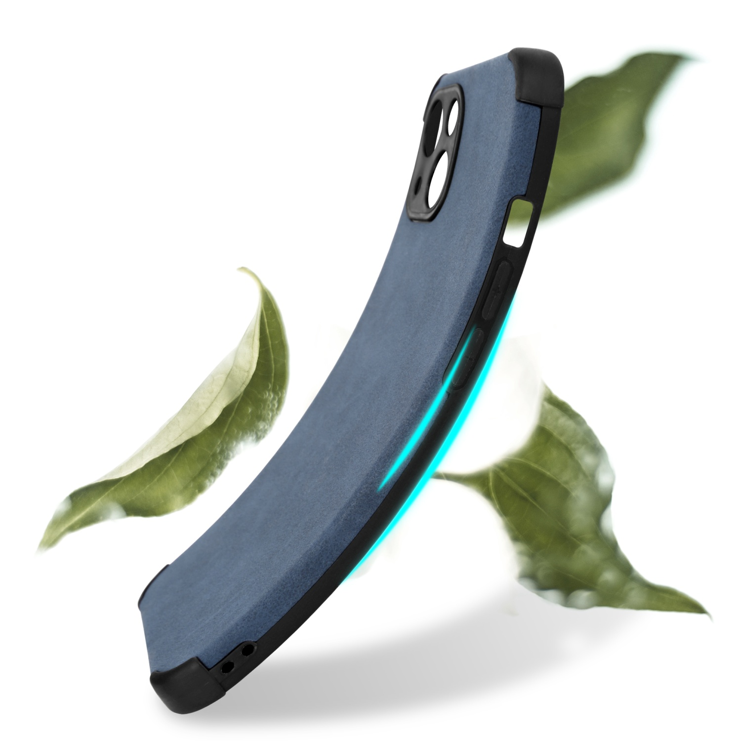 Blaue Handyhülle mit gebogener Form. Blätter sind im Hintergrund platziert.