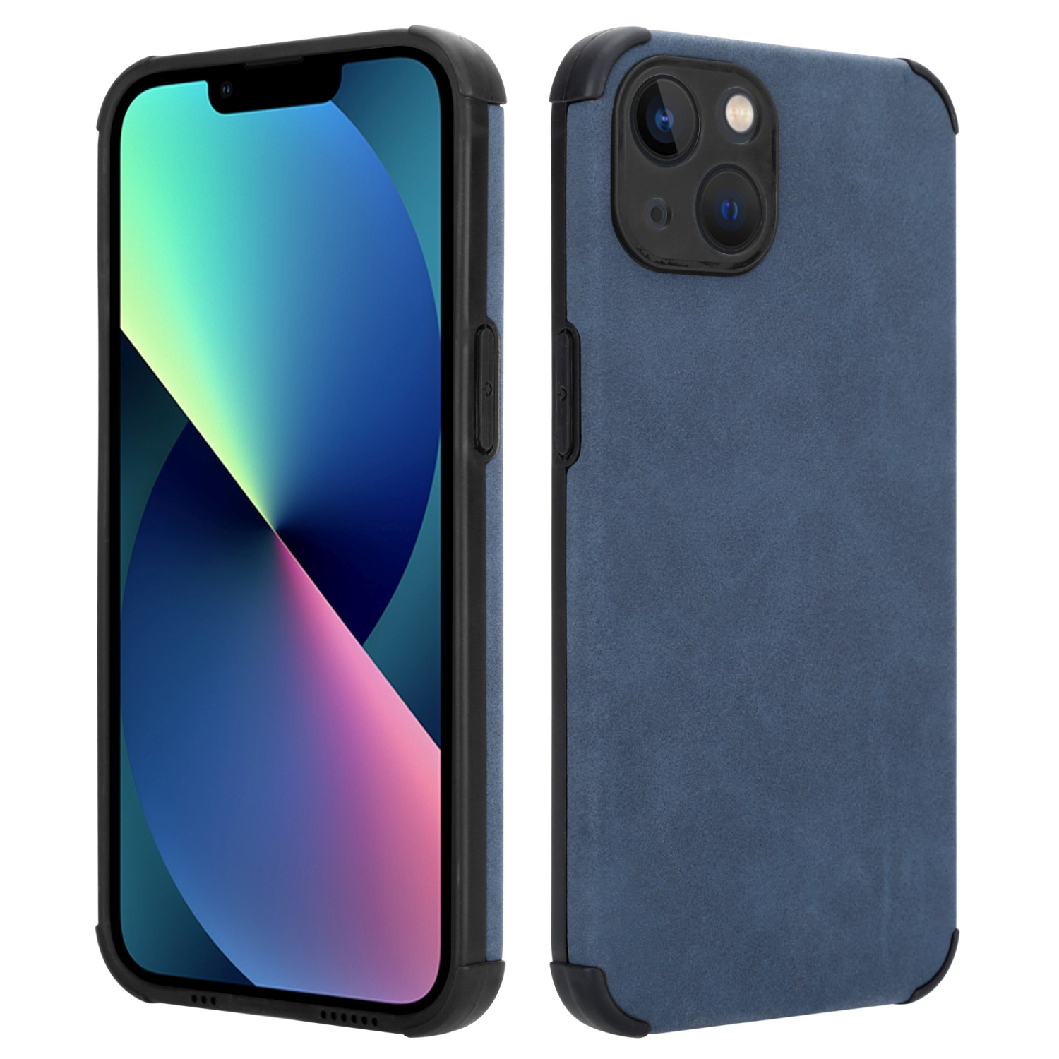 Telefon in einer blauen Hülle, zeigt die Rückseite und den Bildschirm.