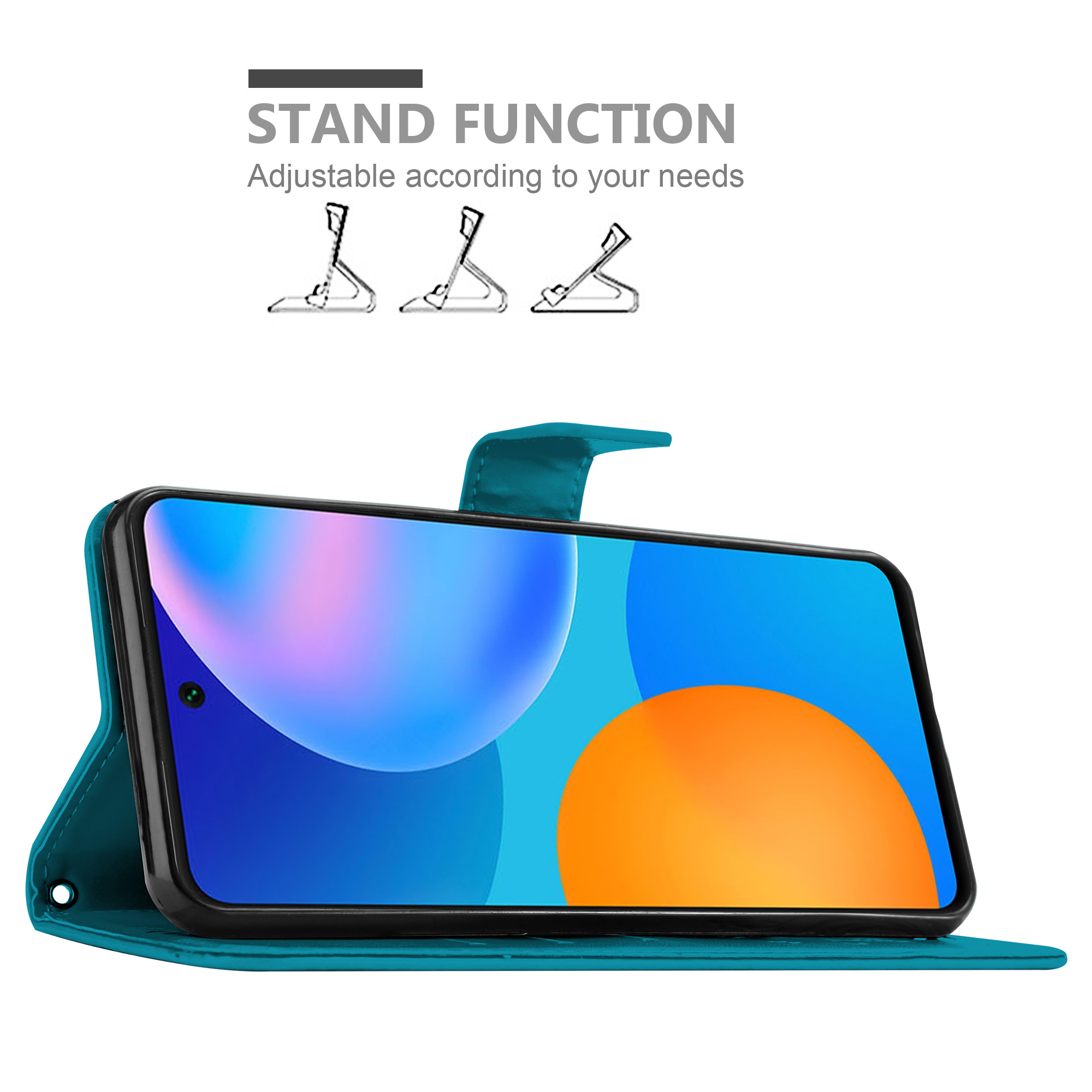 Eine türkisfarbene Handyhülle mit einem Telefon darin, im Standmodus. Ein kleiner Ständer ist oben sichtbar.