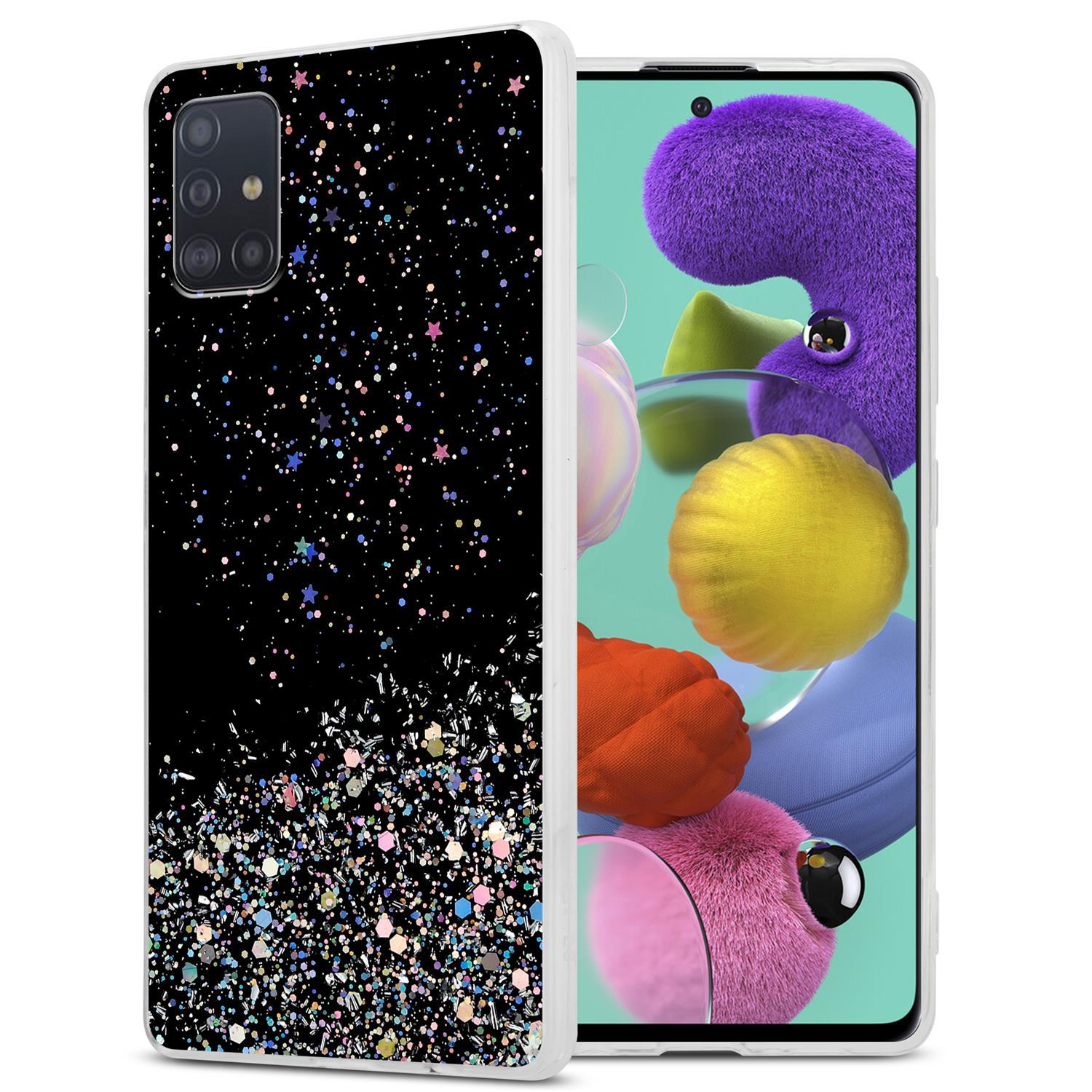 Schwarze Handyhülle mit buntem Glitzer. Der Bildschirm ist eingeschaltet. Der Hintergrund ist weiß.