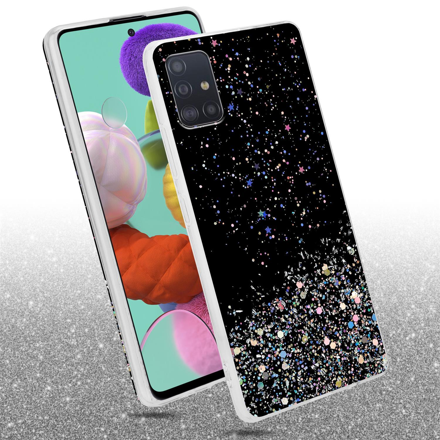 Schwarze Handyhülle mit Glitzer. Telefonschirm sichtbar. Glitzermuster bedeckt die Rückseite.