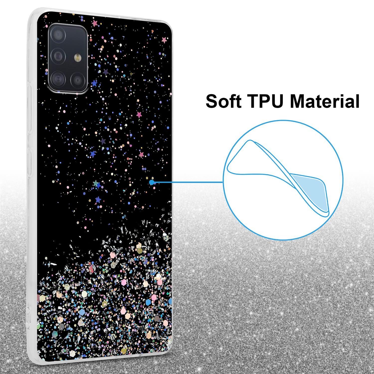Schwarze Handyhülle mit Glitzerdesign, Text 'Soft TPU Material' und Illustration.