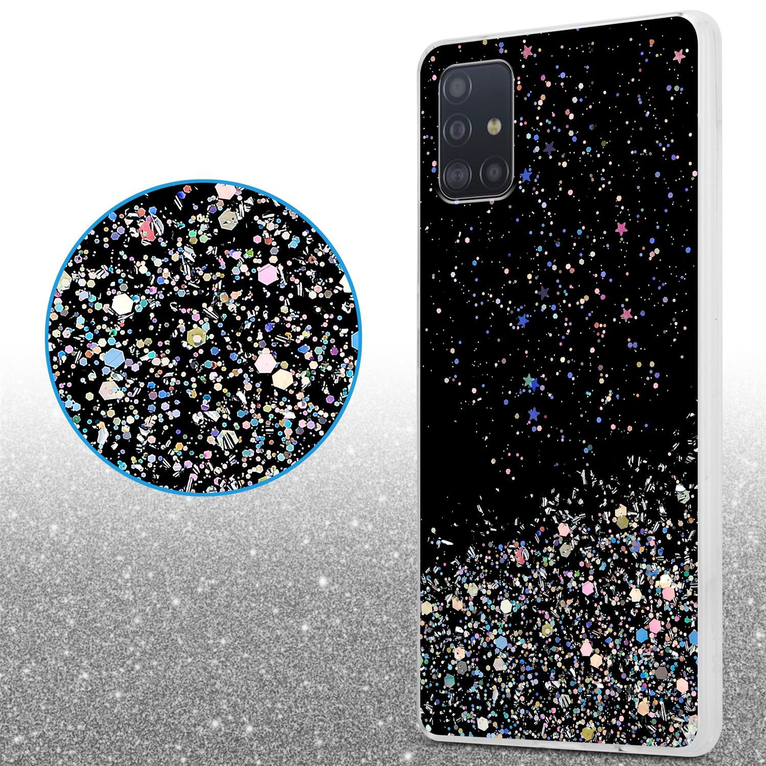 Schwarze Handyhülle mit farbenfrohem Glitzerdesign. Nahaufnahme des Glitzers.