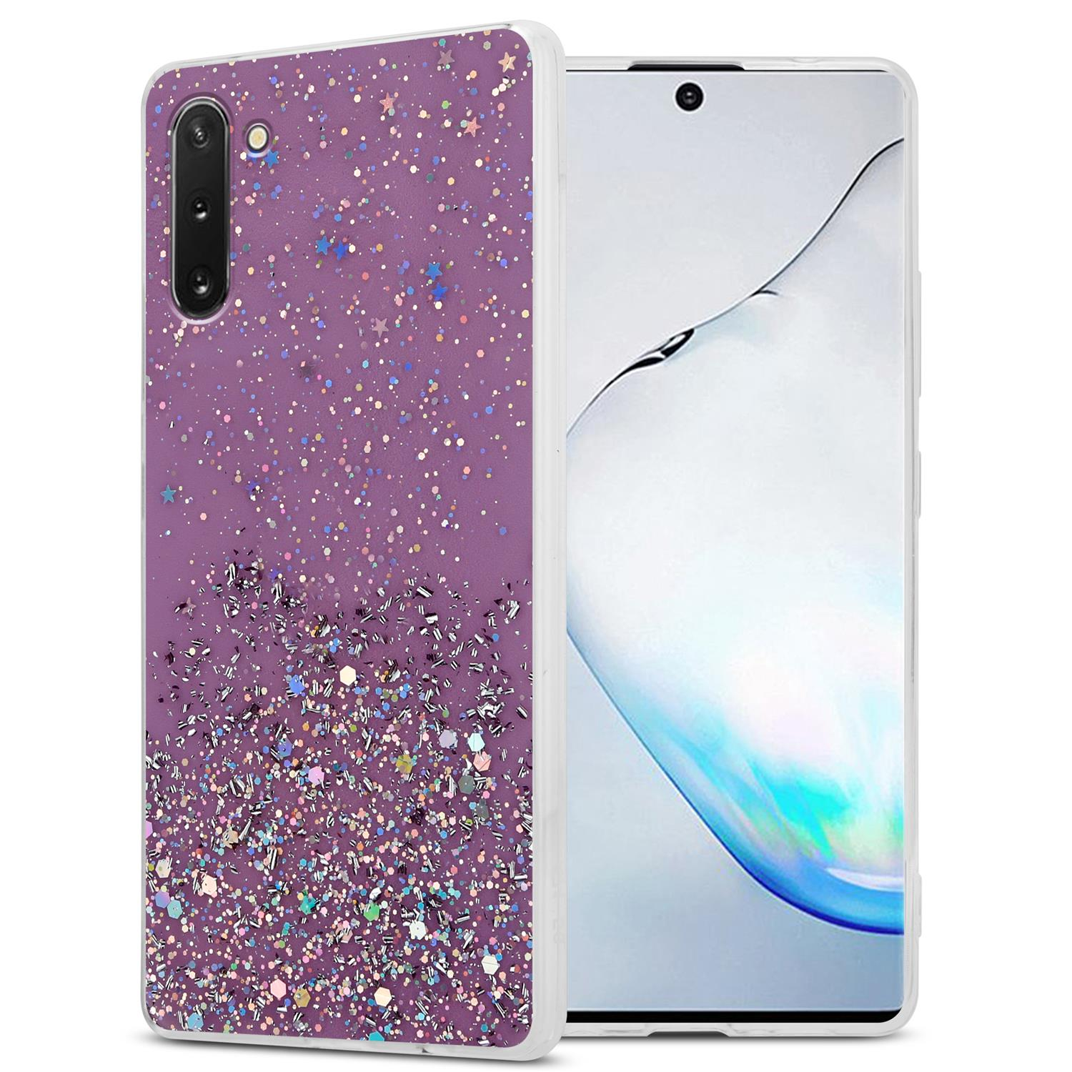 Custodia per telefono viola glitterata con un telefono all'interno, vista frontale, con forme colorate all'interno.
