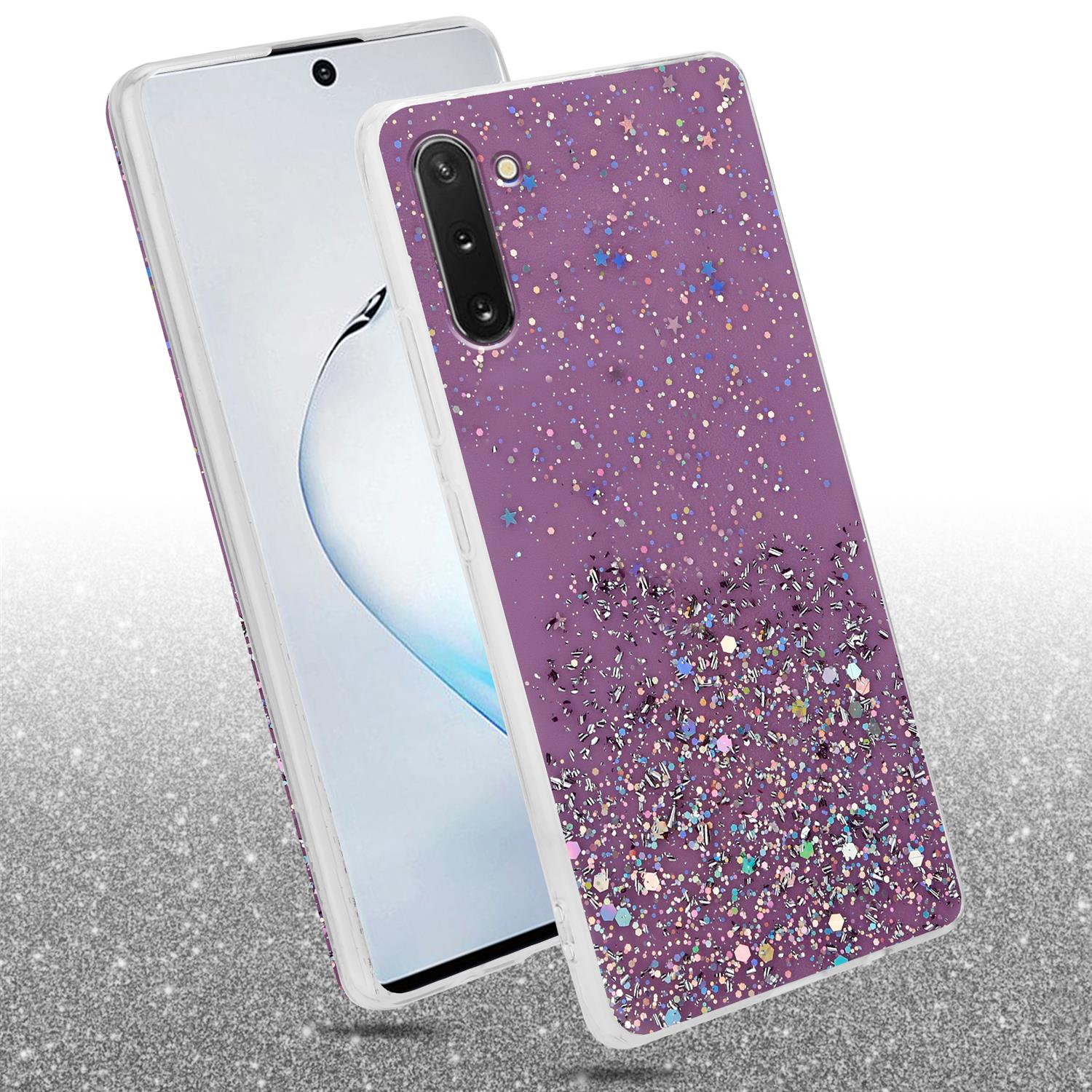 Custodia per telefono viola con glitter. I glitter svaniscono dal basso verso l'alto. Il telefono è visibile.