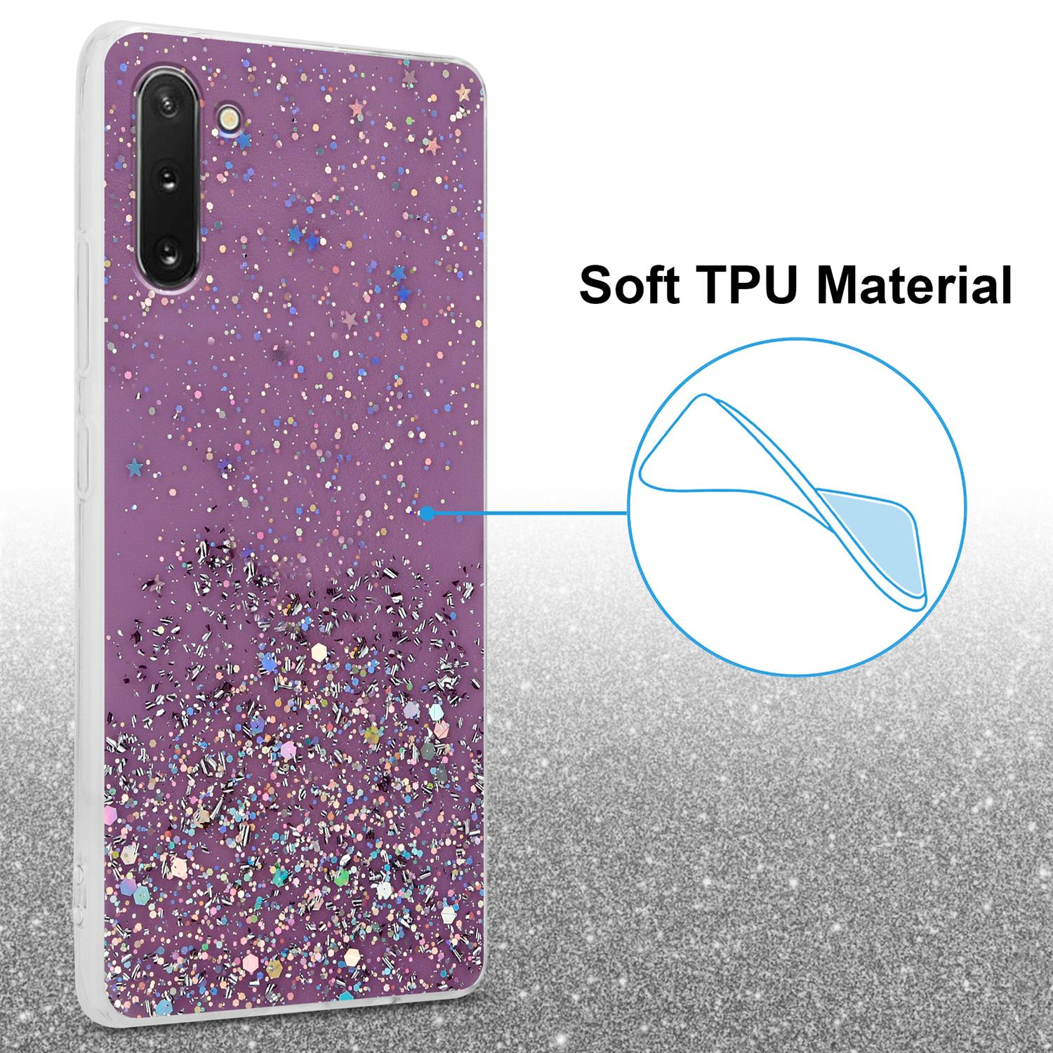 Custodia per telefono glitterata viola. Testo: Materiale TPU morbido. Grafica blu contornata.