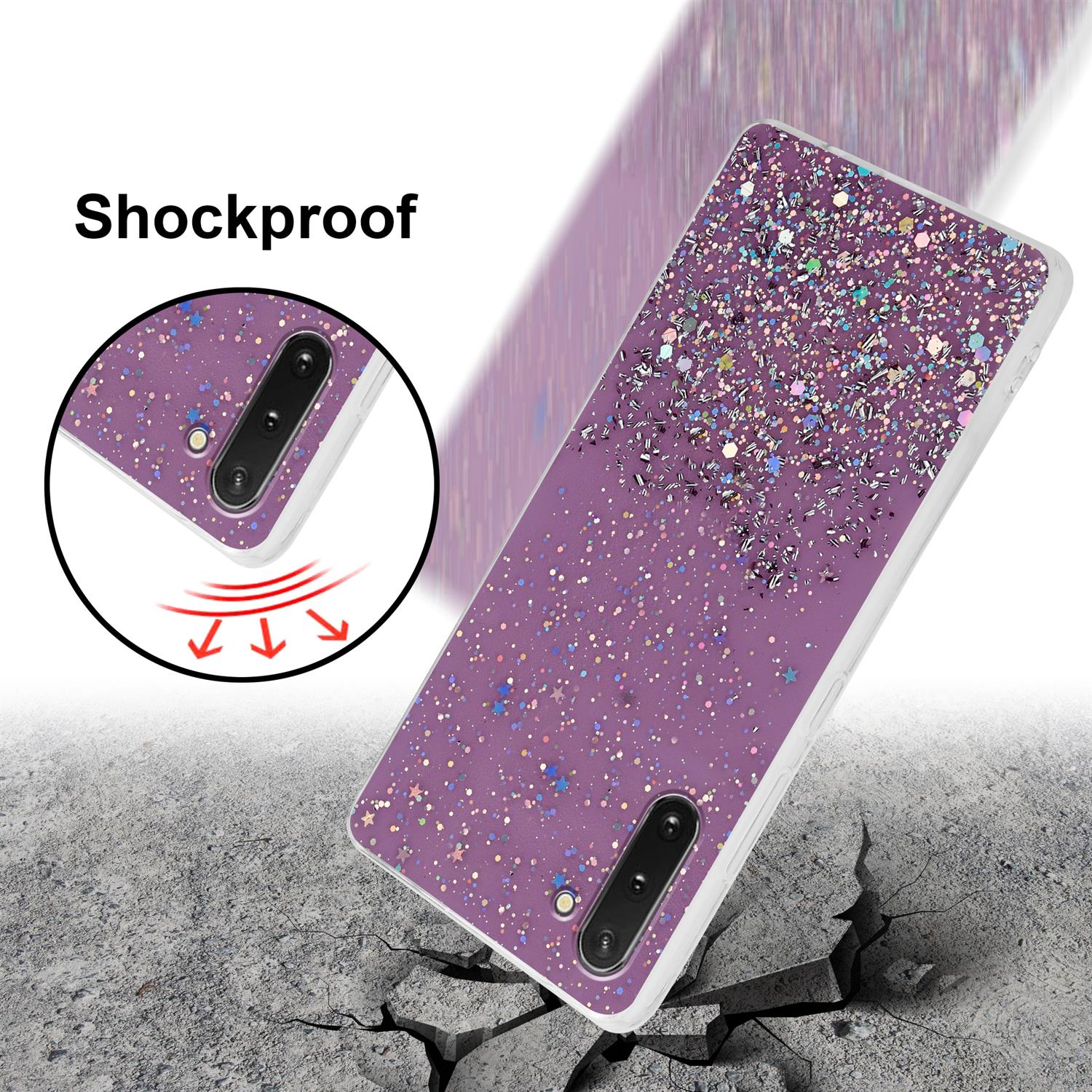 Custodia viola per telefono con glitter. La custodia è su una superficie incrinata.