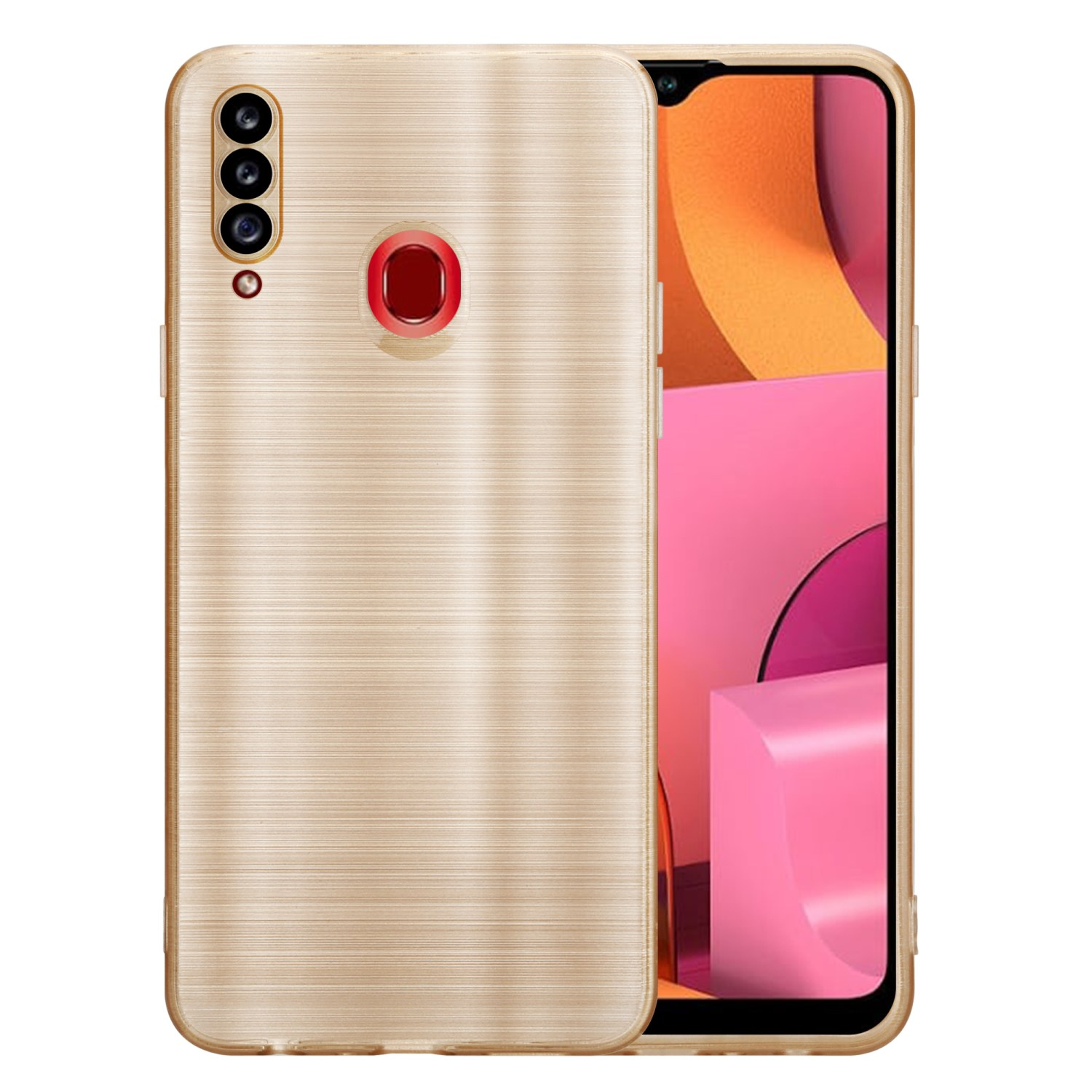 Custodia per telefono dorata con tripla fotocamera e lente rossa.