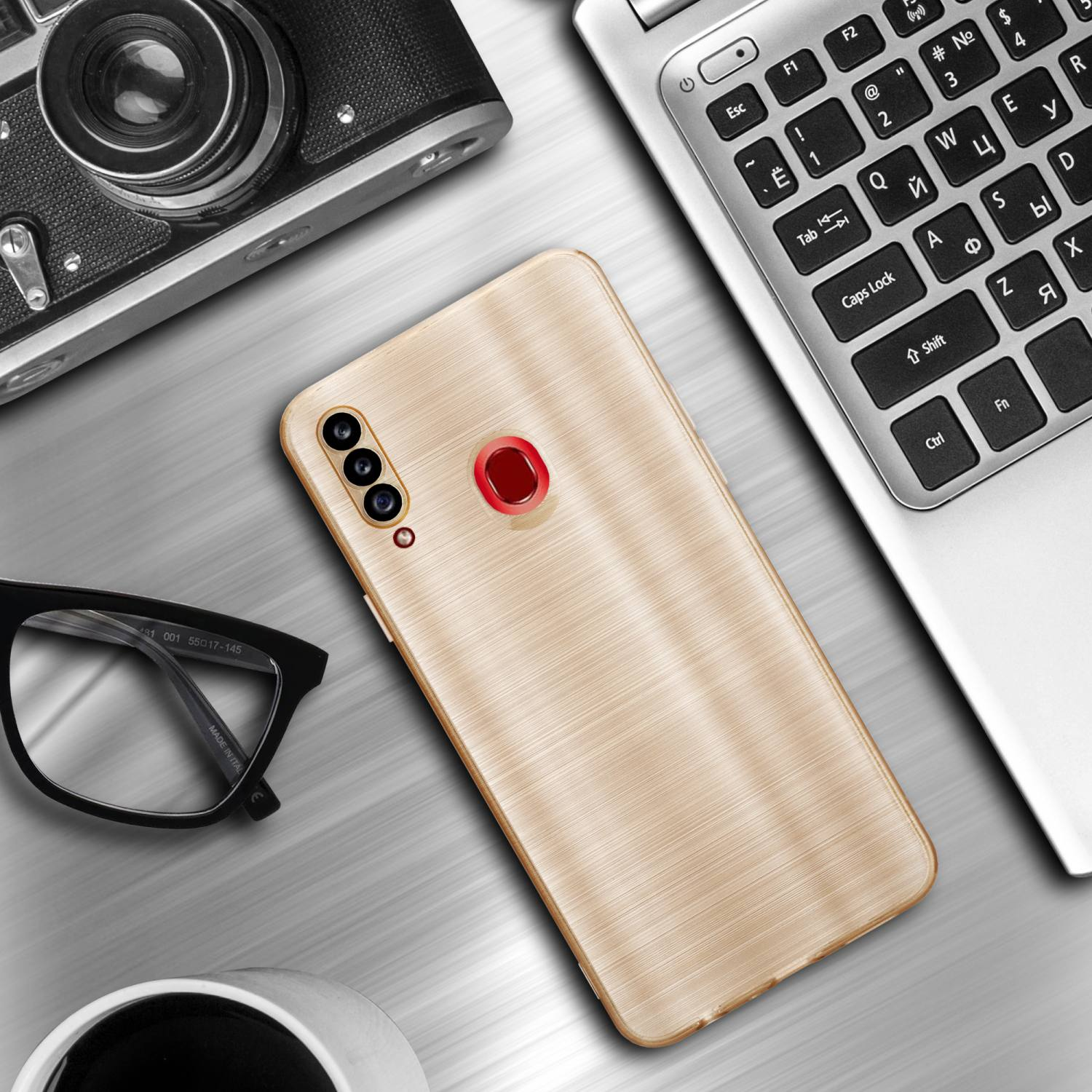 Custodia per telefono con effetto metallo spazzolato oro, con un laptop, occhiali e tazza di caffè.