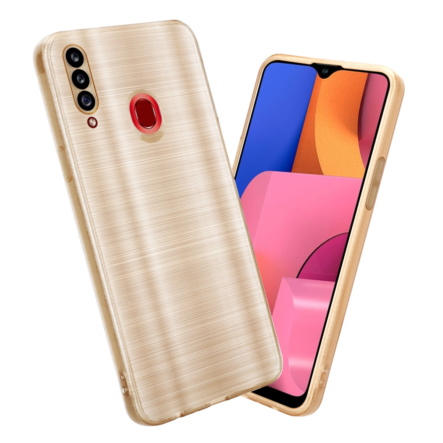 Custodia per telefono dorata e telefono con schermo rosa.