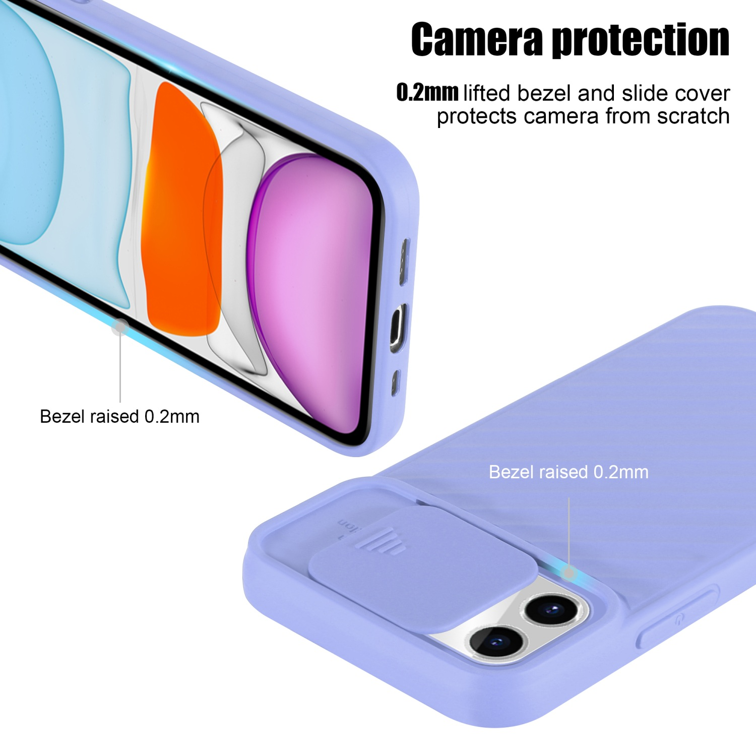 Custodia lilla con protezione fotocamera, mostra le cornici rialzate e una copertura fotocamera.