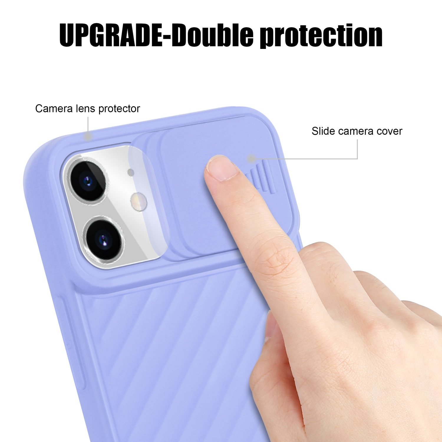 Una mano fa scorrere la copertura della fotocamera su una custodia viola per telefono. Il testo recita: Aggiornamento-Doppia protezione.