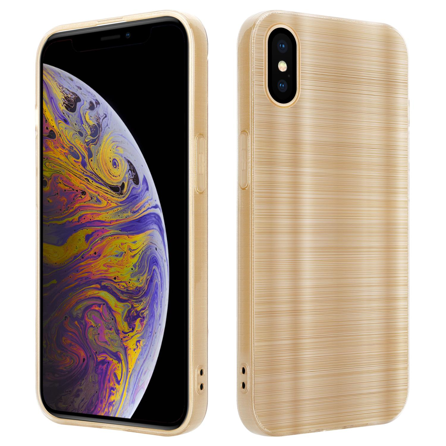 Goldene Handyhülle mit Telefon. Der Bildschirm zeigt ein farbenfrohes Wirbelbild.