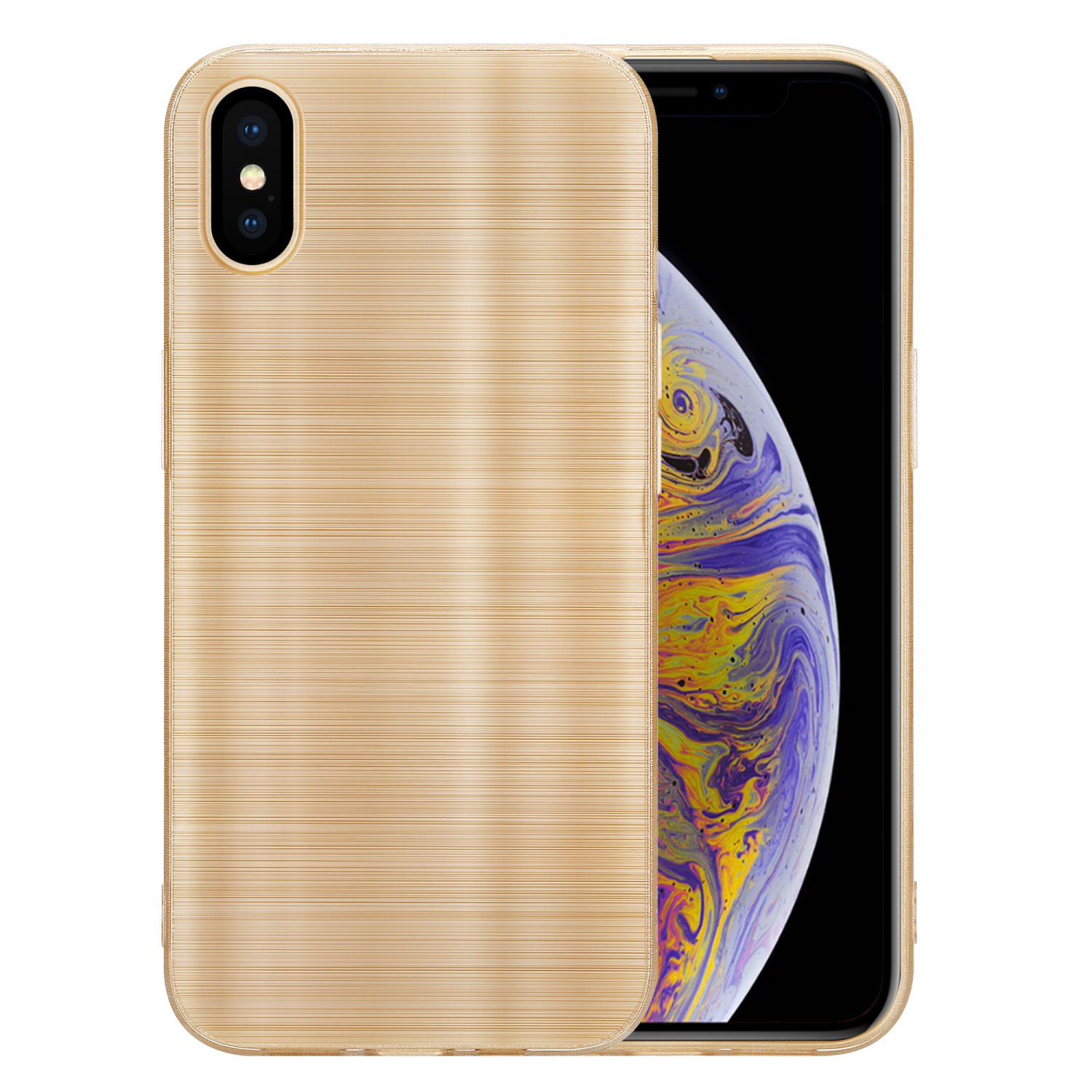 Ein goldenes Telefon mit Kamera und eine goldene Hülle mit gebürsteter Metallstruktur. Schwarzer Hintergrund.