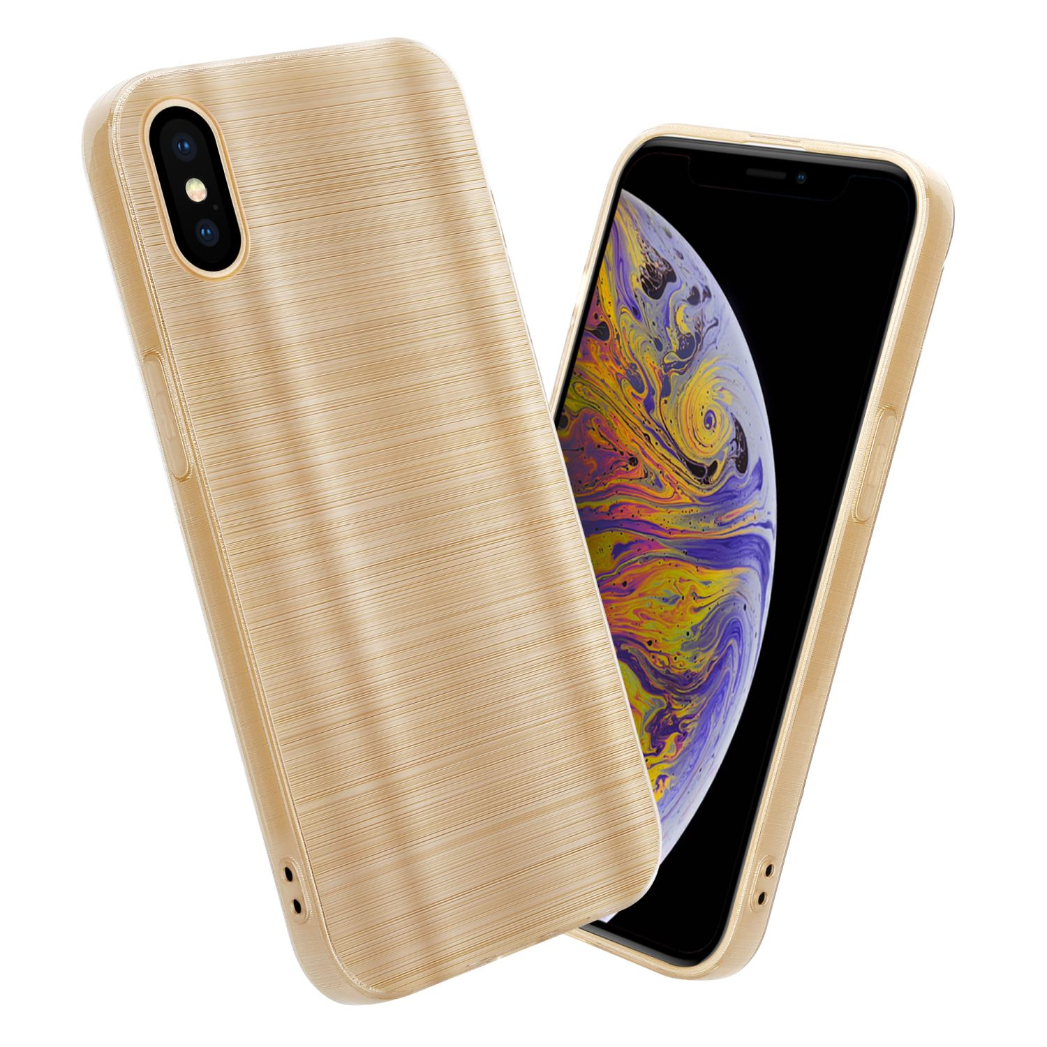 Goldene Handyhülle mit Telefon darin. Die Hülle hat eine gebürstete Metallstruktur. Das Telefon ist goldfarben.