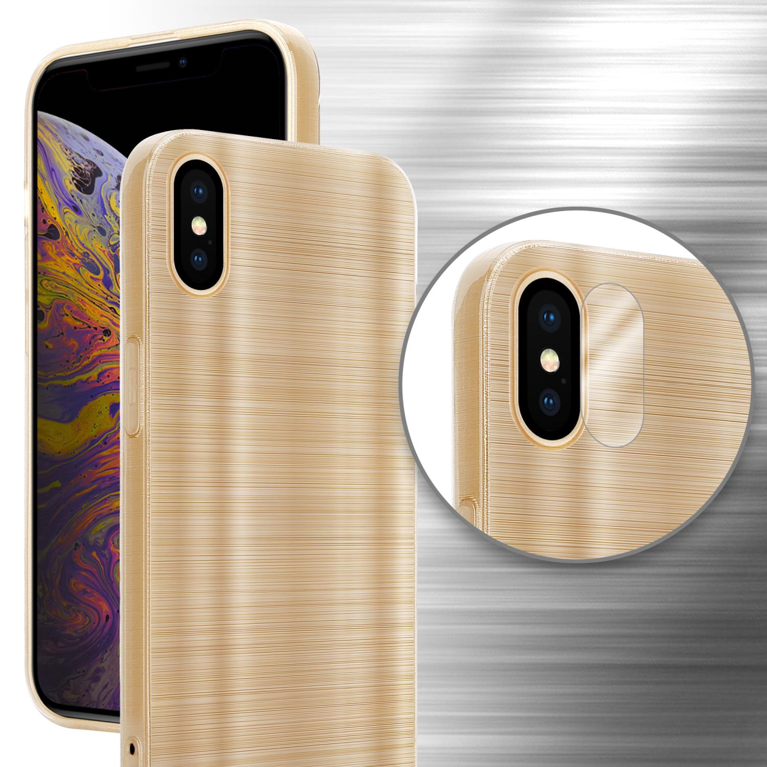Goldene Handyhülle auf einem Telefon. Die Hülle hat eine strukturierte Oberfläche.