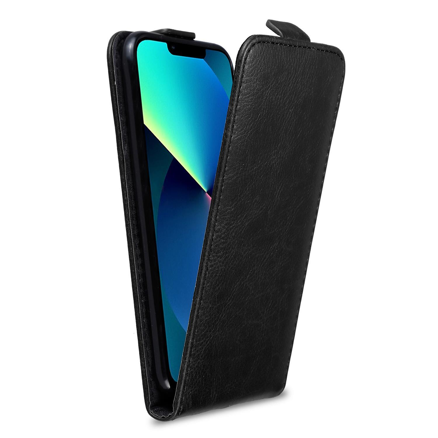 Schwarze Leder-Handyhülle, geöffnet, um ein Telefon zu zeigen. Der Bildschirm ist blau.