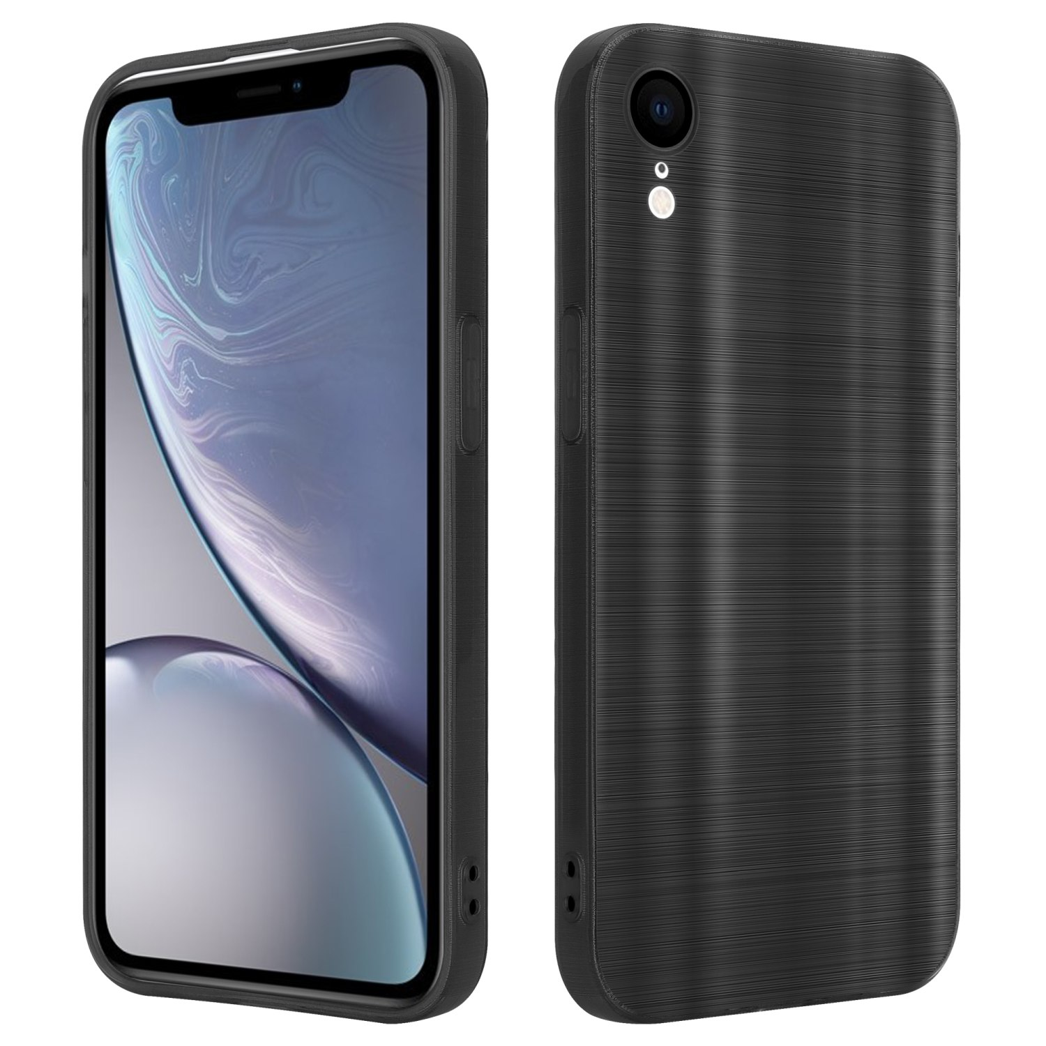 Schwarze Handyhülle mit einem Telefon im Display mit strukturierter Oberfläche.