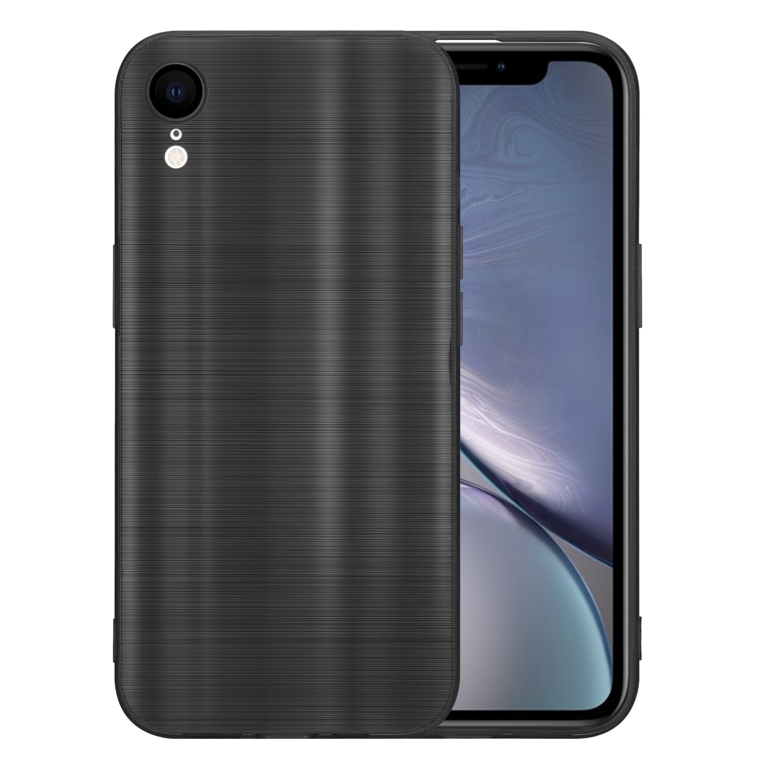 Schwarze Handyhülle mit Telefon. Die Hülle hat gebürstete Metalloptik. Der Hintergrund ist weiß.