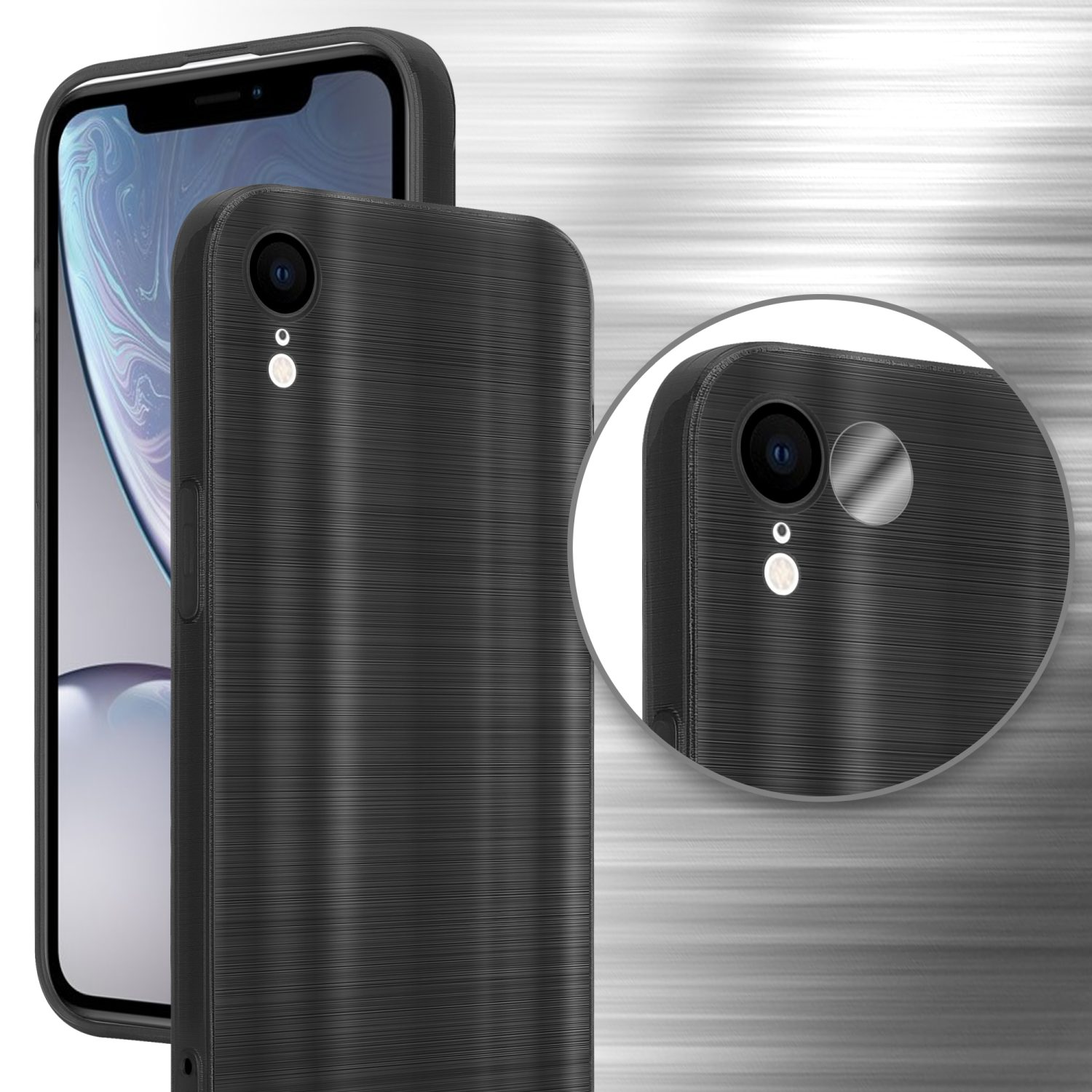 Schwarze Handyhülle auf einem Telefon, Nahaufnahme des Kamerabereichs.