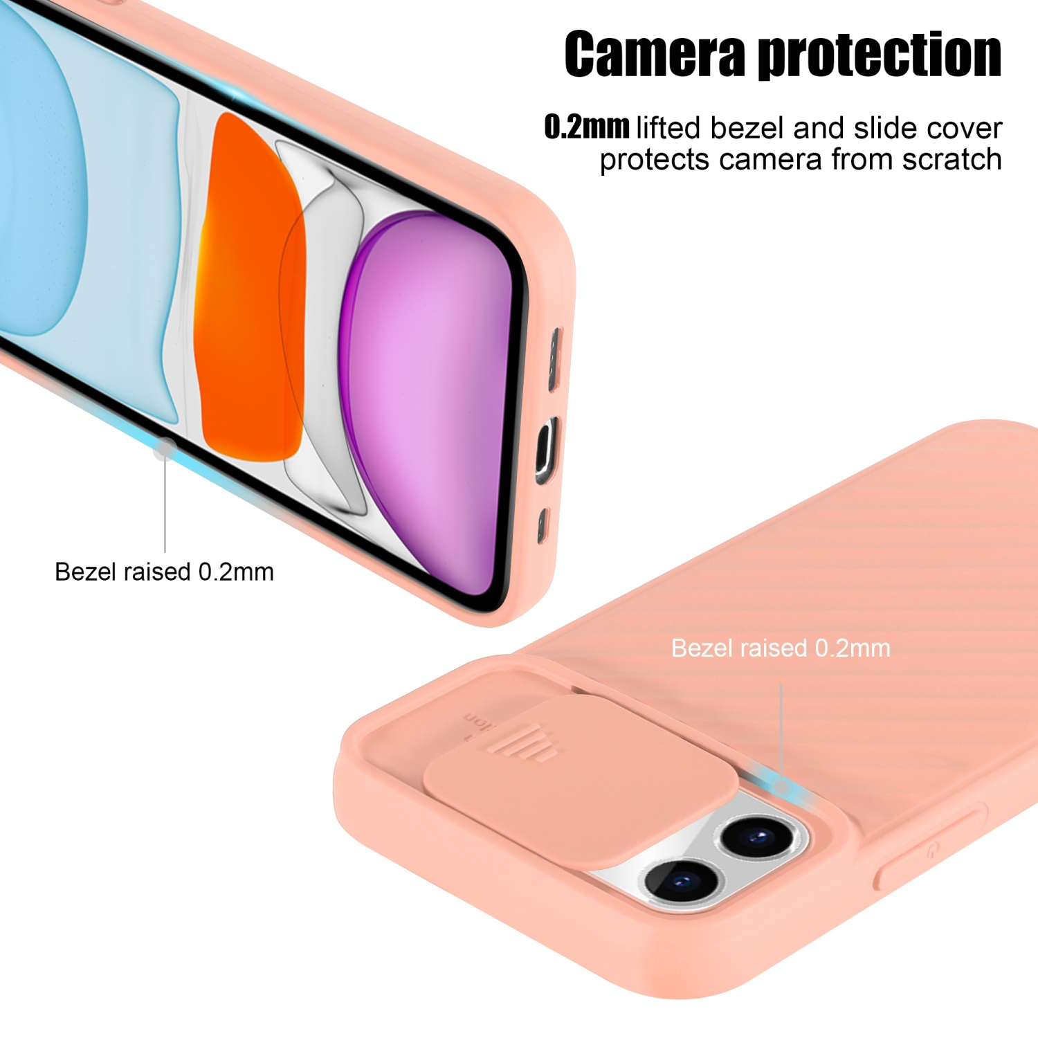 Custodia rosa con protezione fotocamera e telefono. Sfondo bianco.