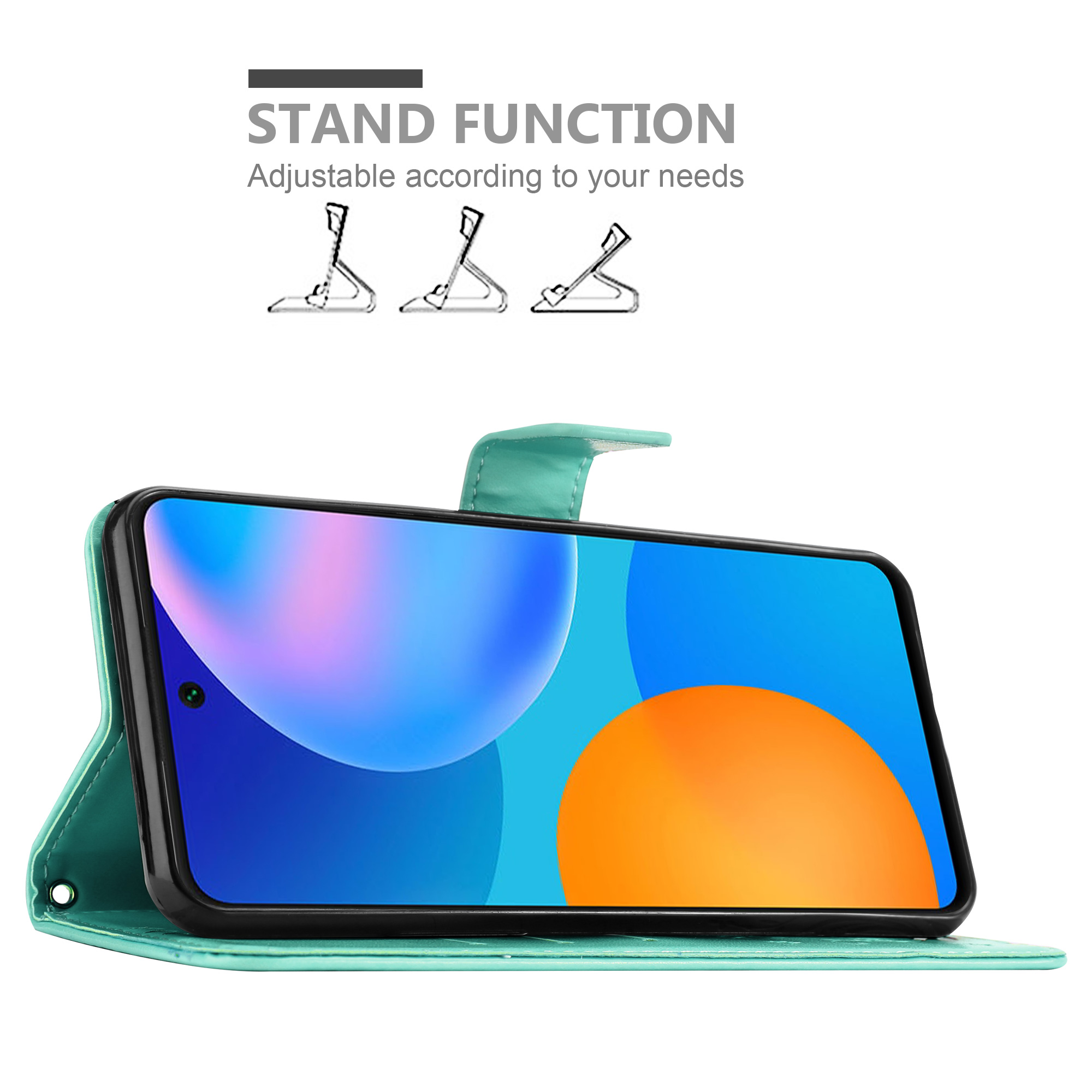 Ein Smartphone wird in einer türkisfarbenen Handyhülle gezeigt, hochgestellt. Der Bildschirm zeigt ein orange-blaues abstraktes Bild.