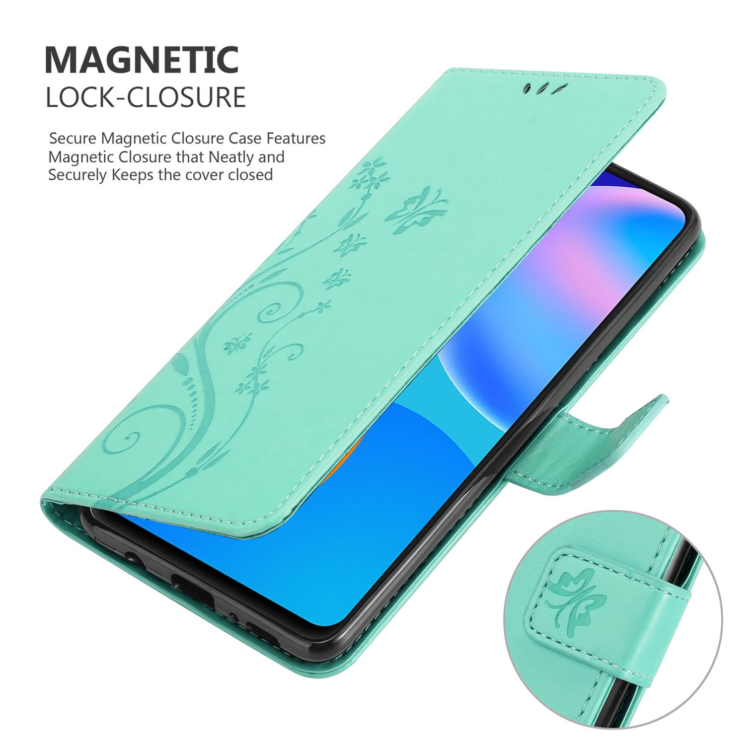Minzgrüne Handyhülle mit Blumendesign, offen, um das Telefon zu zeigen. Magnetverschluss sichtbar.