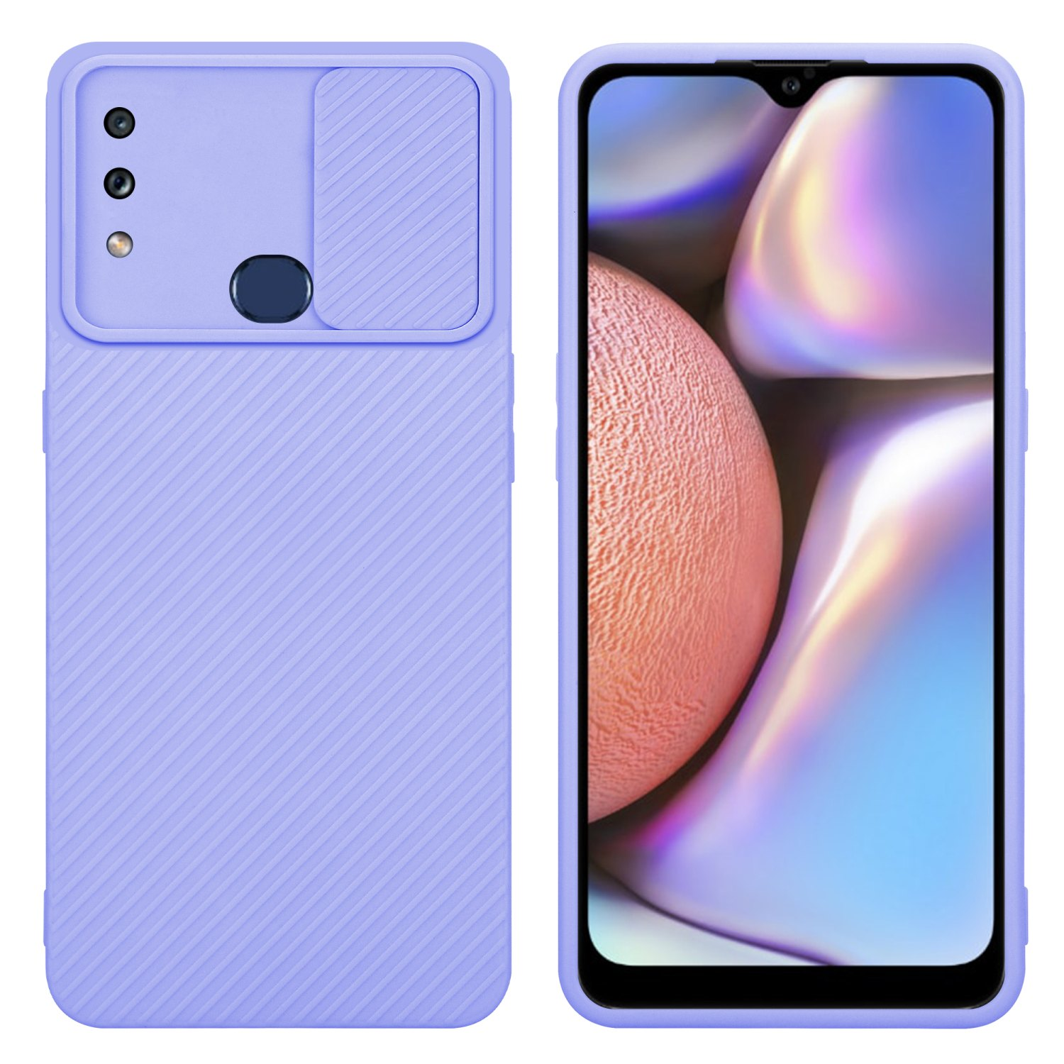 Lila Handyhülle mit Kameraabdeckung, Telefon rechts. Weißer Hintergrund.