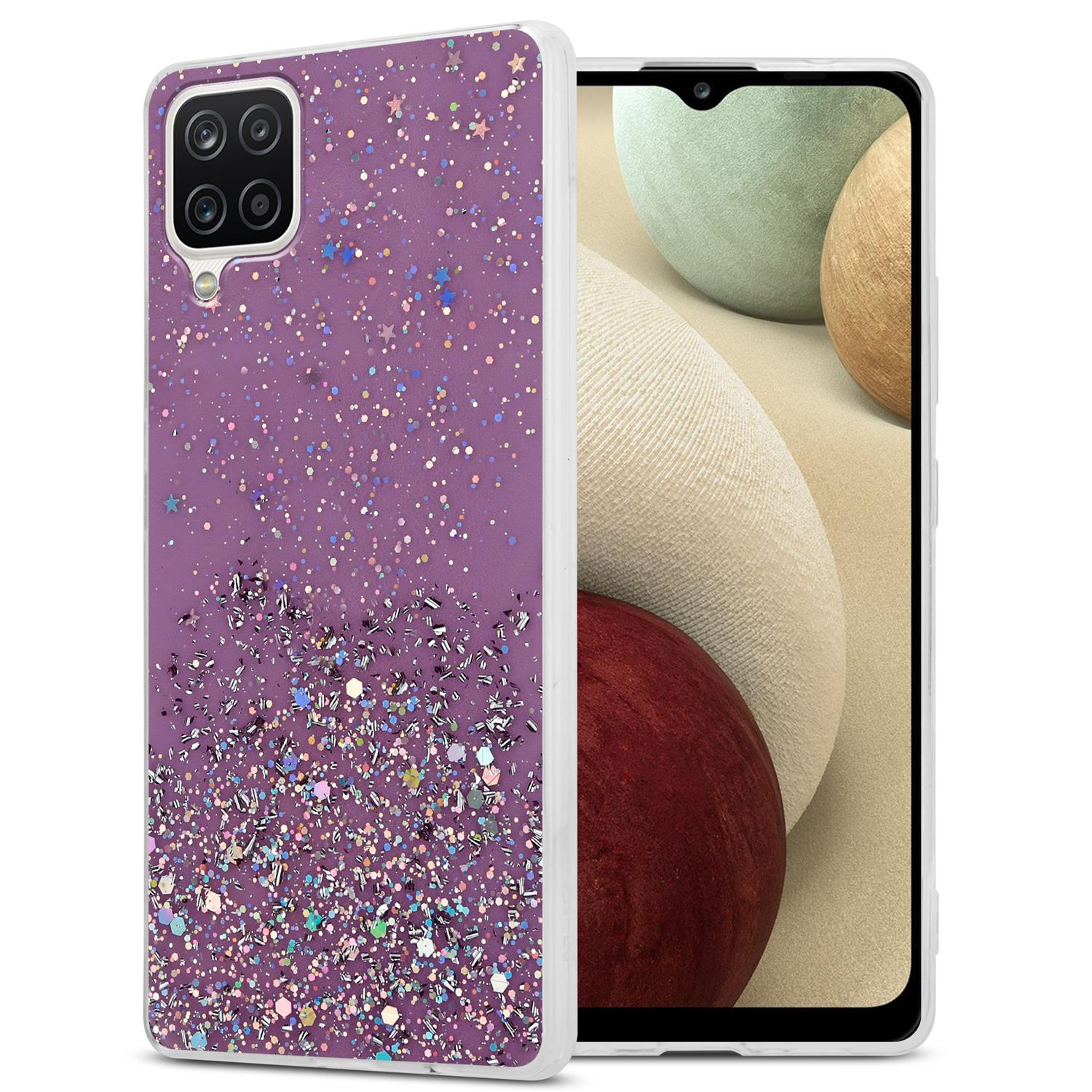 Lila Handyhülle mit Glitzer. Vorder- und Rückansicht. Der Telefonbildschirm zeigt farbenfrohe Objekte.