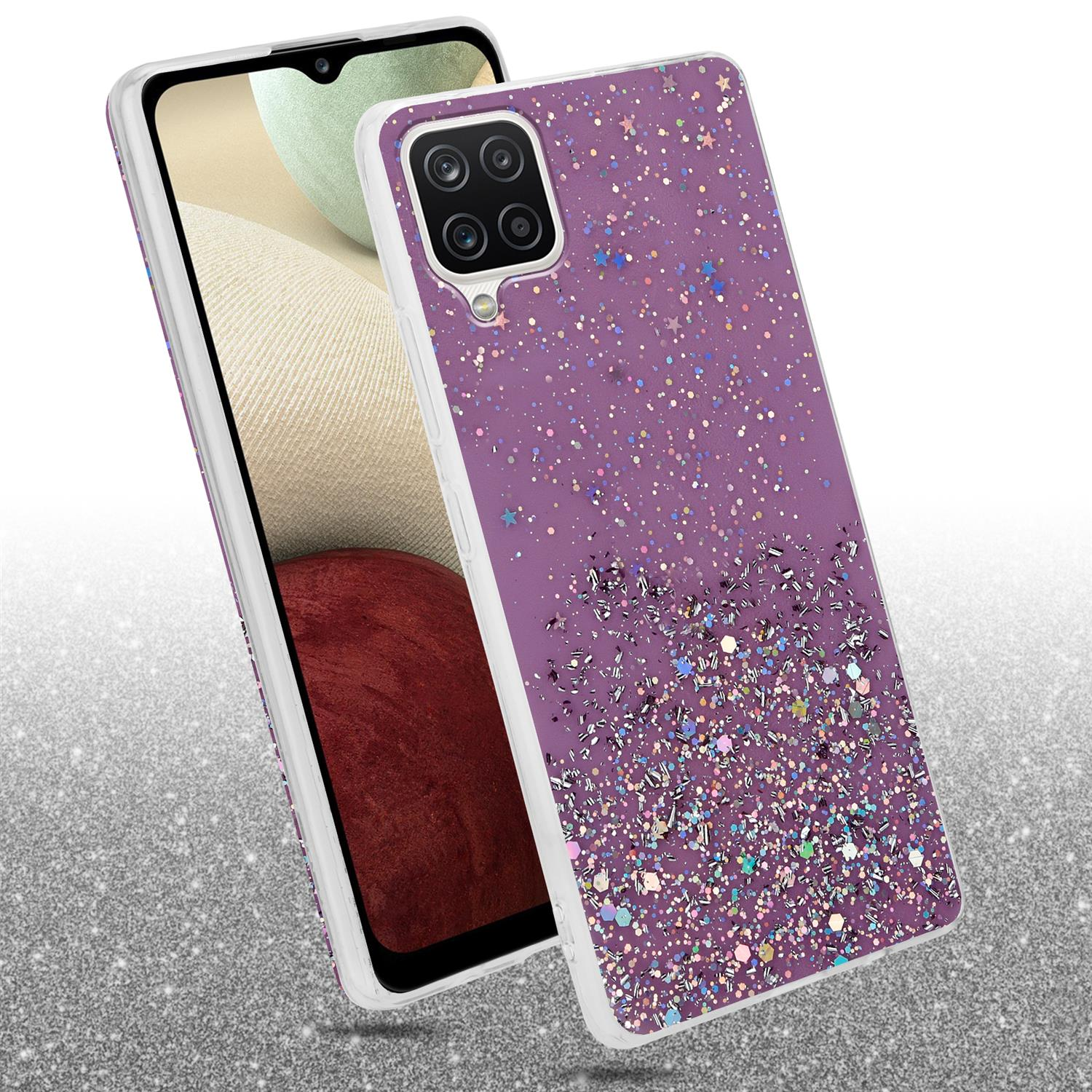 Lila Handyhülle mit Glitzer. Das Telefon liegt auf einer glitzernden Oberfläche. Weißer Hintergrund.