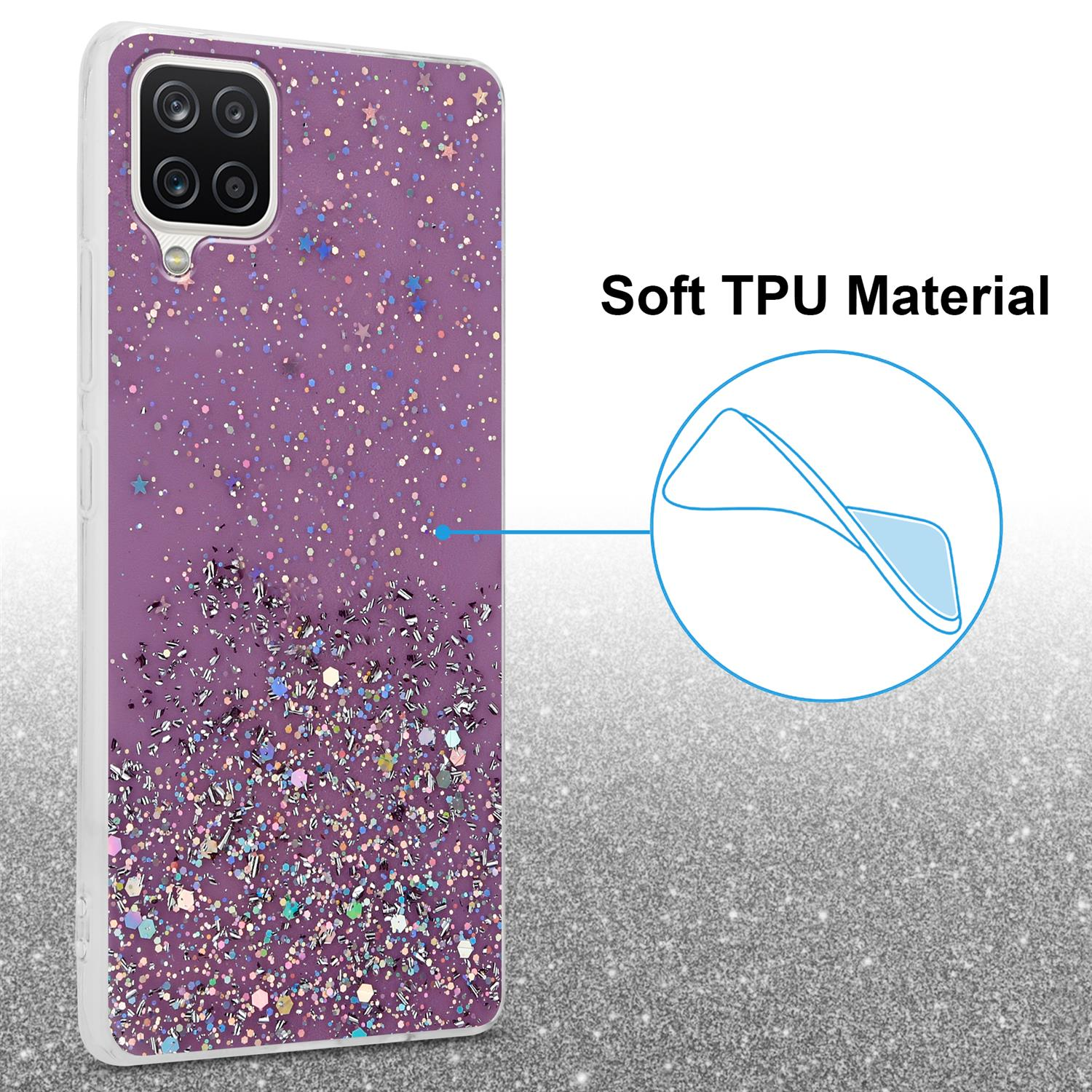 Handyhülle mit Glitzer. Klare Hülle mit Glitzer. Telefon ist in der Hülle. Nahaufnahme der Hülle.