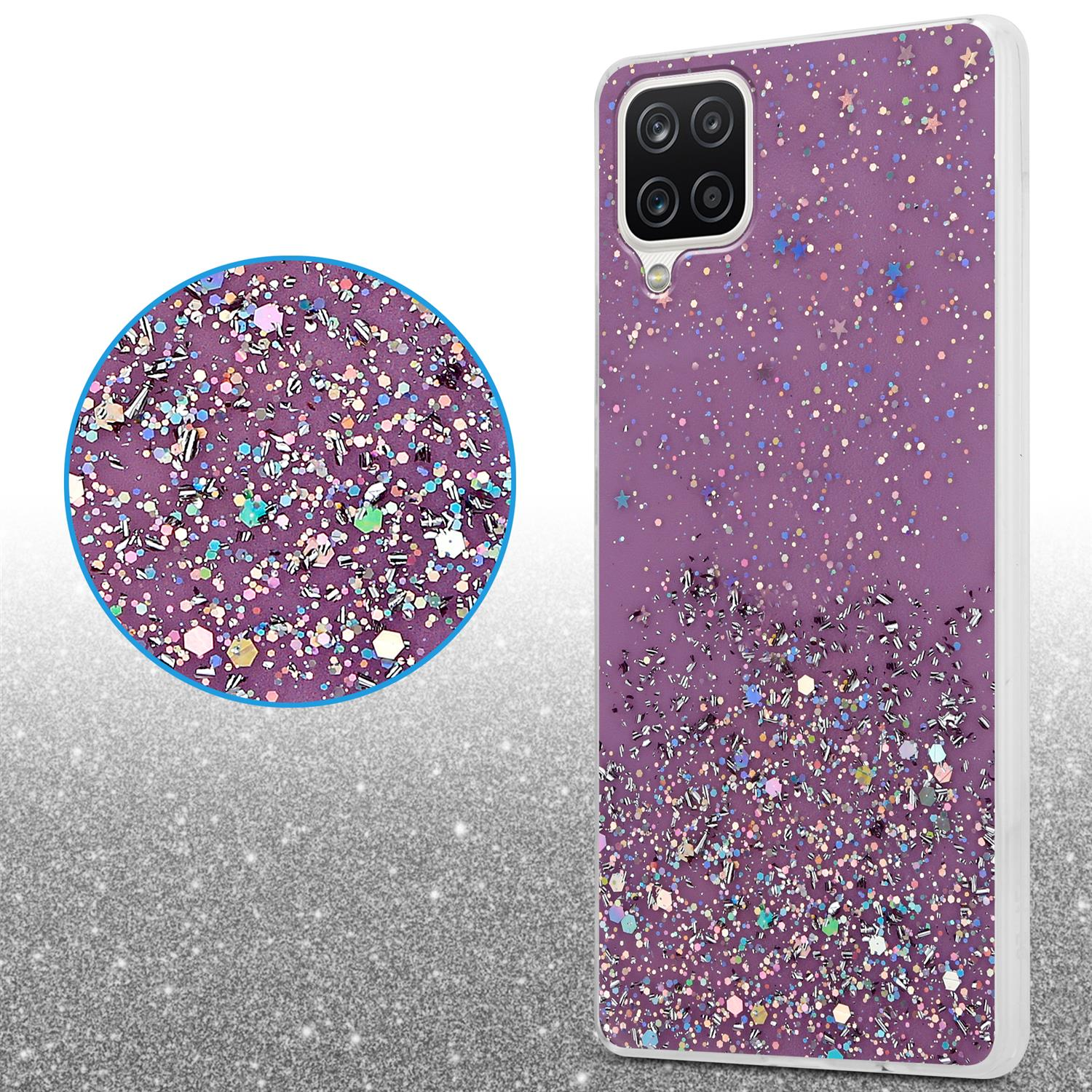 Lila Handyhülle mit Glitzereffekt. Ein runder Detailausschnitt zeigt Glitzer. Weißer Rand.
