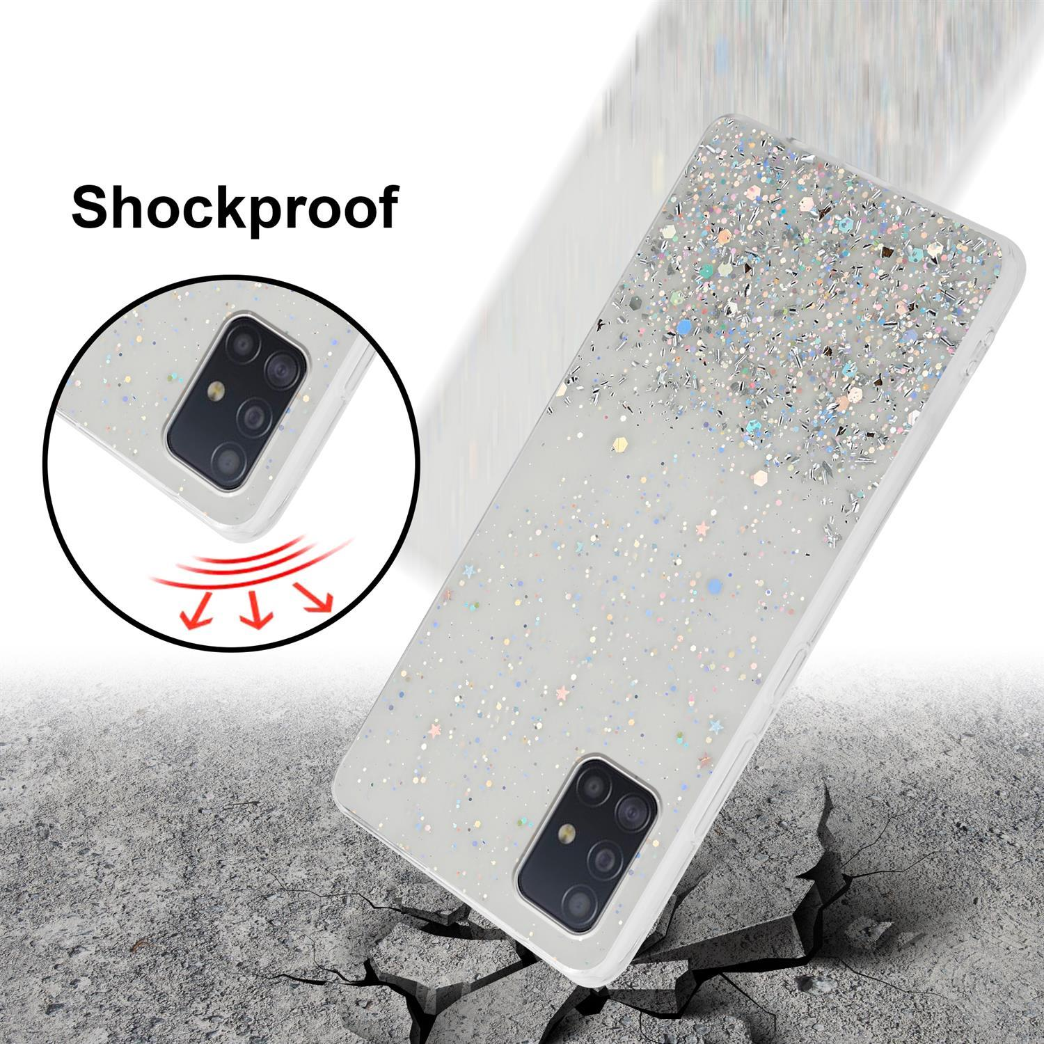 Weiße Handyhülle mit silbernem Glitzer. Das Telefon liegt auf einer Oberfläche.