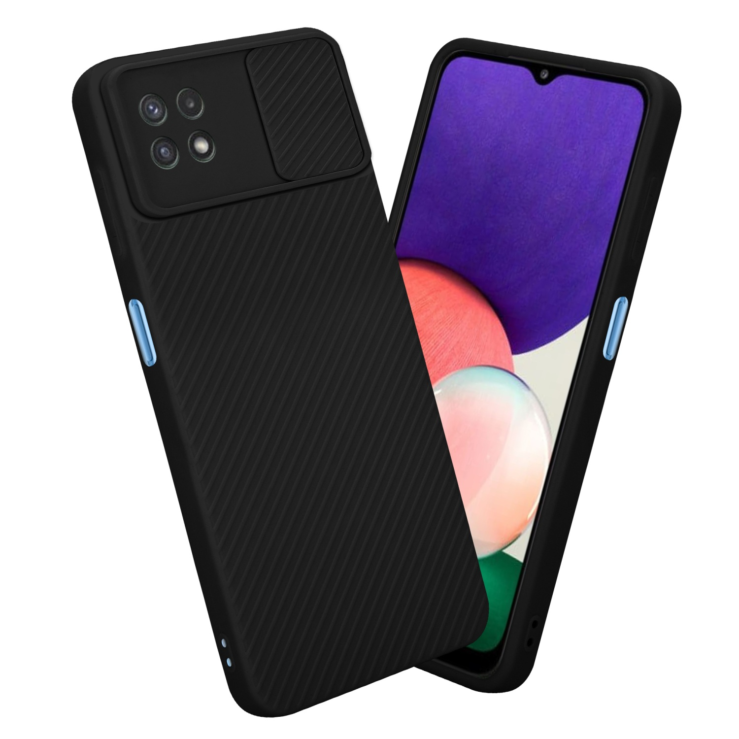 Schwarze Handyhülle mit schwarzem Kameraschieber. Telefonbildschirm sichtbar.