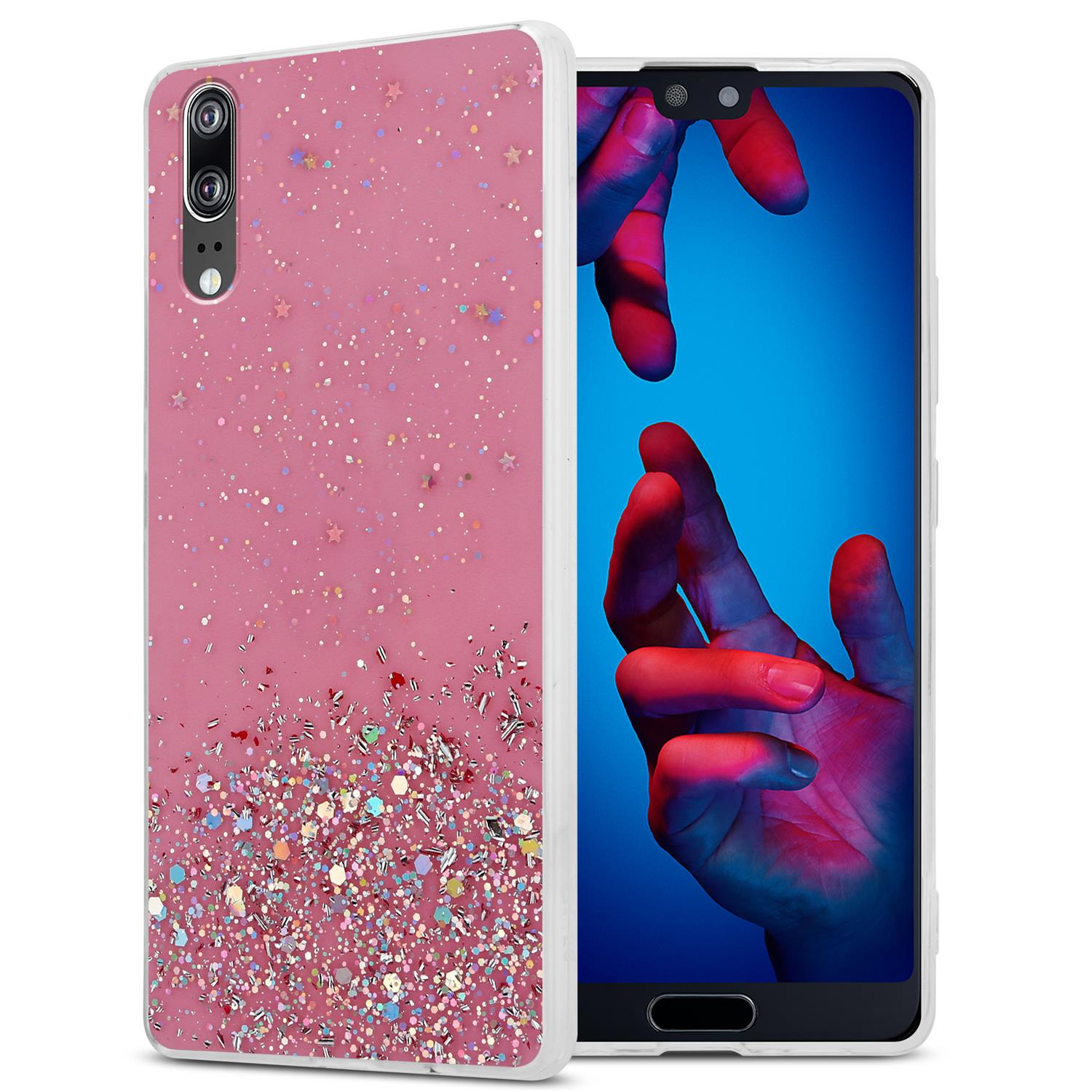 Rosa Handyhülle mit Glitzer und Sternen. Telefon wird rechts angezeigt. Weißer Hintergrund.