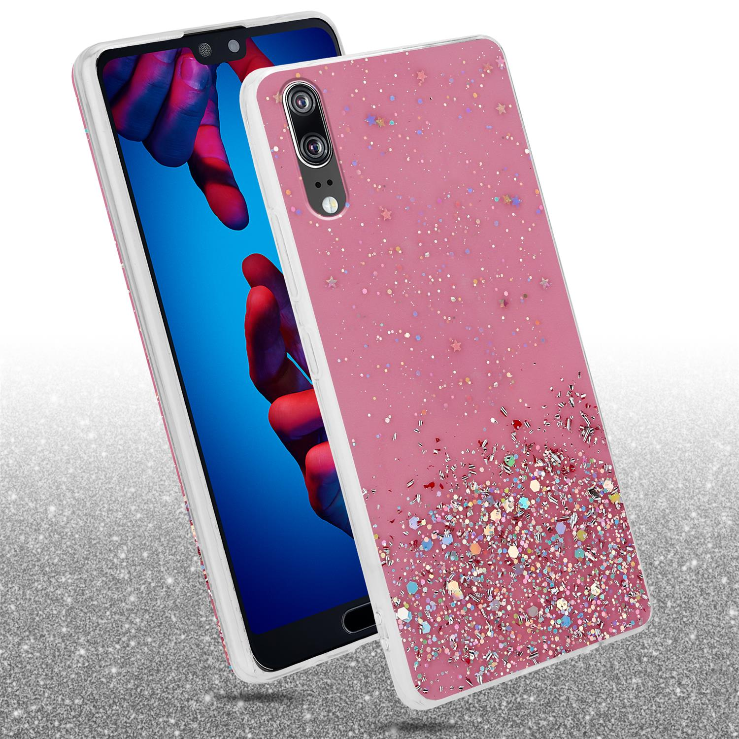 Zwei Telefone, eines mit einer rosa Glitzerhülle. Die Hülle hat Sterne und Glitzer. Der Hintergrund ist glitzernd.