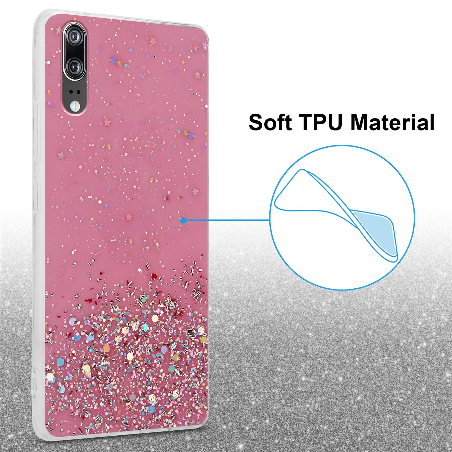 Rosa Handyhülle mit Glitzer. Text sagt 'Soft TPU Material' mit einem Pfeil, der auf die Hülle zeigt.