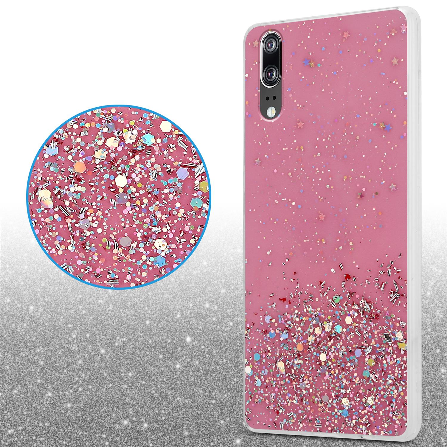 funkelnden Glitter Rosa P20, Backcover, Huawei, Schutzhülle mit CADORABO mit Glitter,