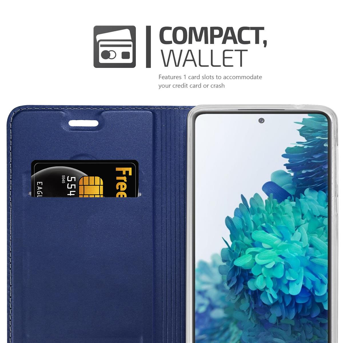 Custodia blu per telefono con fessura per carta di credito, contenente una carta.