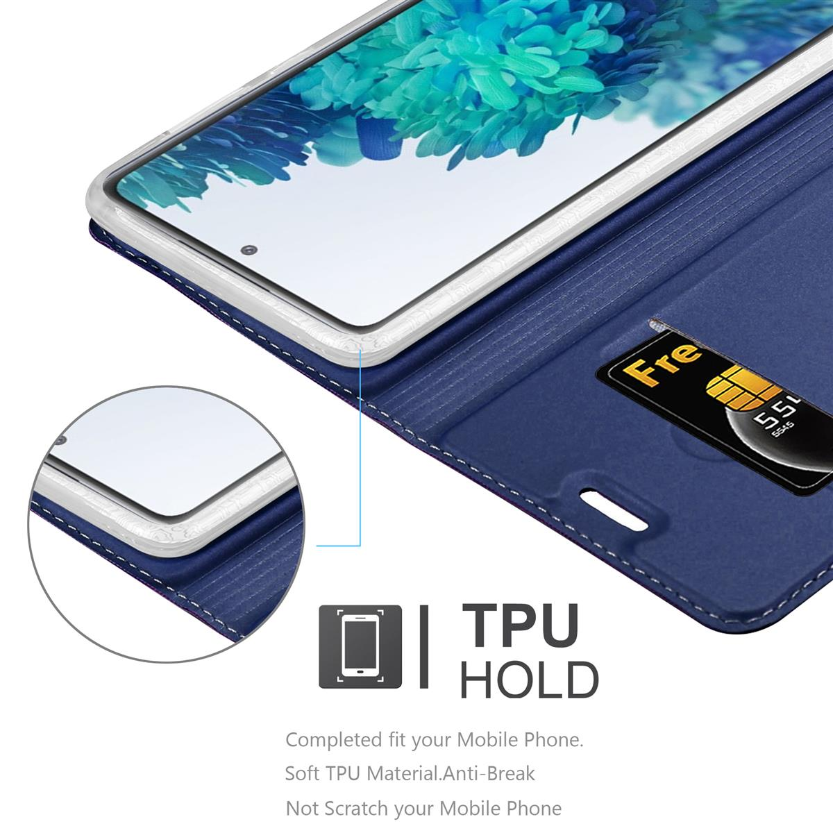 Custodia blu con telefono dentro. Carta visibile. Testo TPU HOLD.